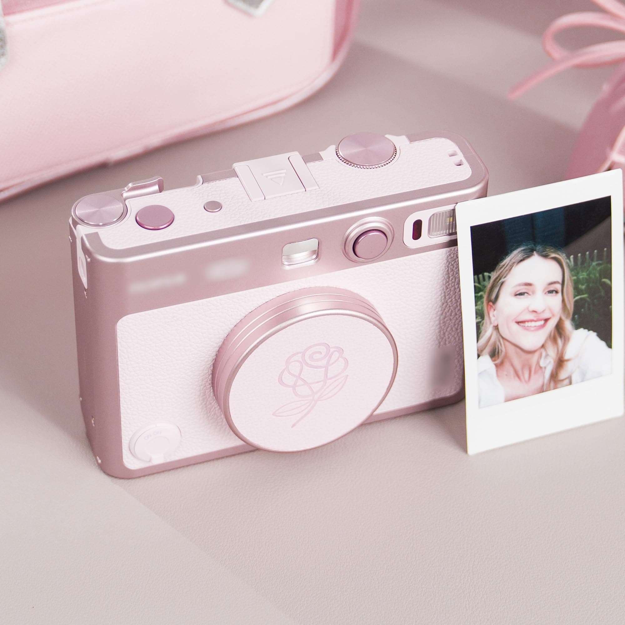 Pink Lens Cap for Fujifilm Insta Mini EVO, Retro Leather Aluminum Anti-Dust Anti-Scratches Lightweight Camera Lens Cover with Rose Pattern, Accessories for Fuji Mini Evo Lens Protection Cover 3