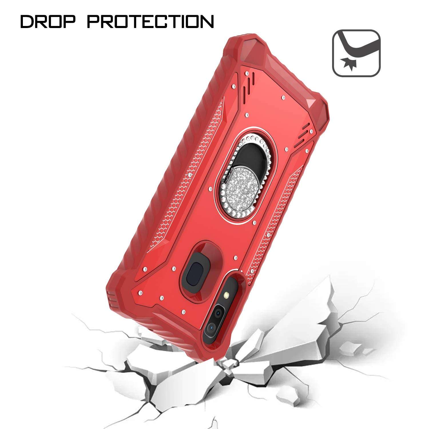 EnCASEs 2 in 1 Cell Phone Case with Bling CZ Rhinestone Kickstand for Samsung Galaxy A20 / A30 / A50, Aluminum Evolve Metal Jacket Hybrid Case, Shockproof Bumper Case, Red 4