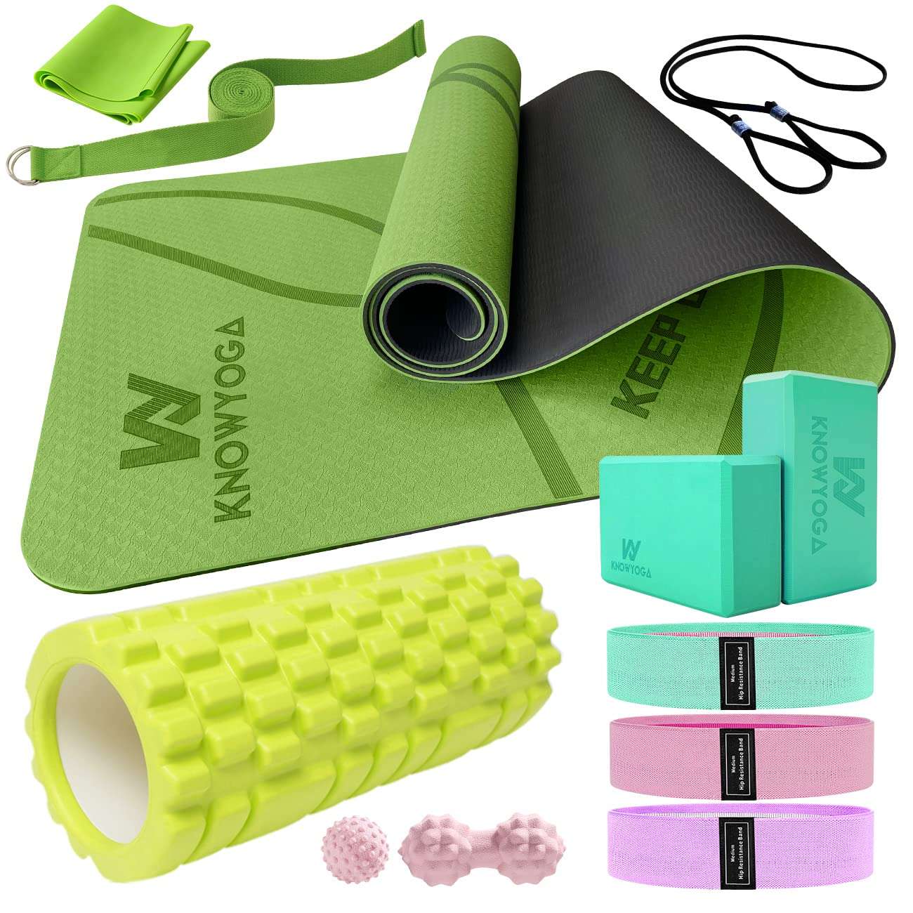 Yoga Starter Kit 12 in 1 - Set Include Mat, Foam Roller, 4 Resistance Bands, Blocks 2 Pack with Strap, 2 Peanut Massage Balls, Yoga kit and Sets for Beginners 1