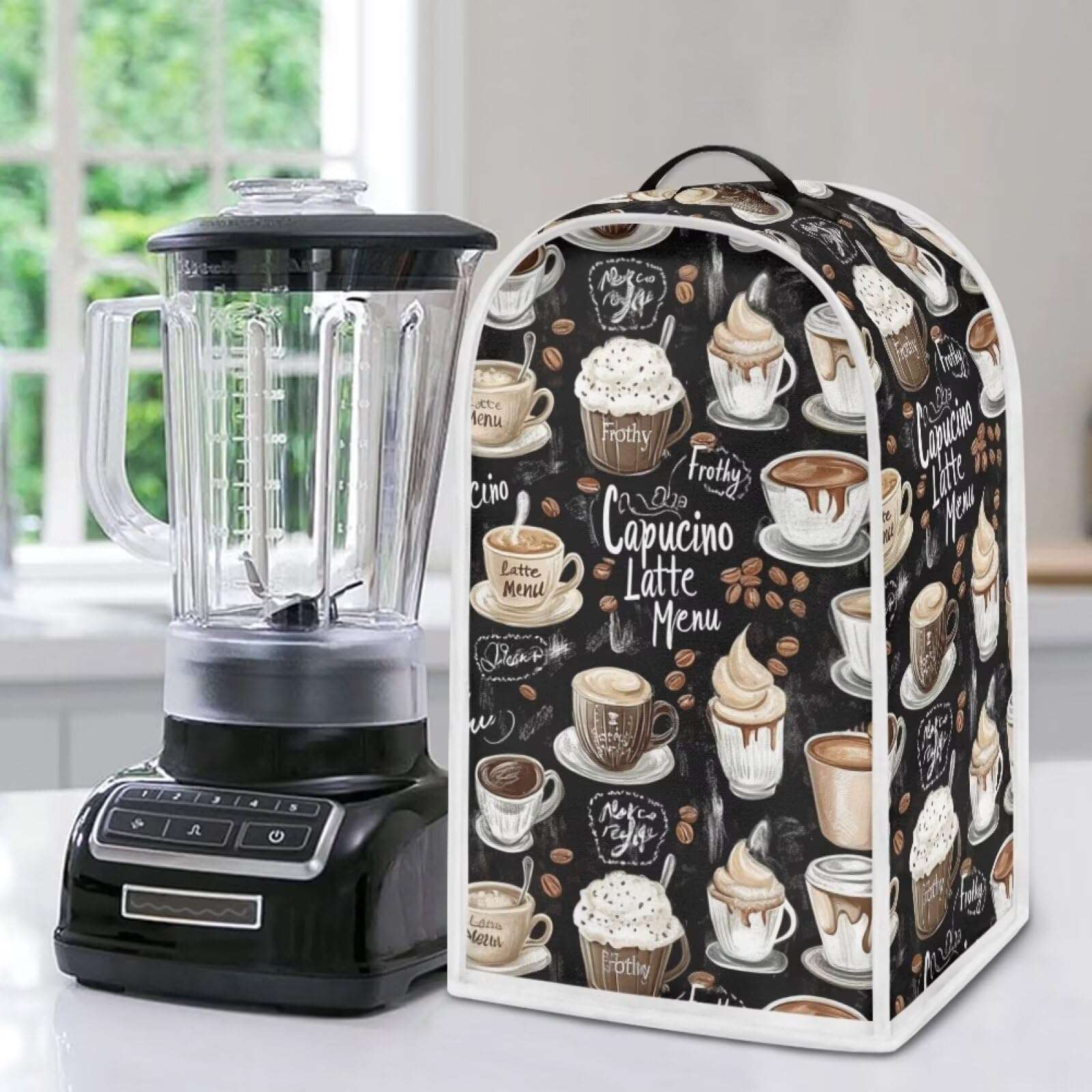 doginthehole Blender Cover with Top Handle Black Coffee Theme Dustproof Coffee & Juicer Maker Food Processor Protector Cover Small Kitchen Appliance Dust Cover for Kitchen Decor 6