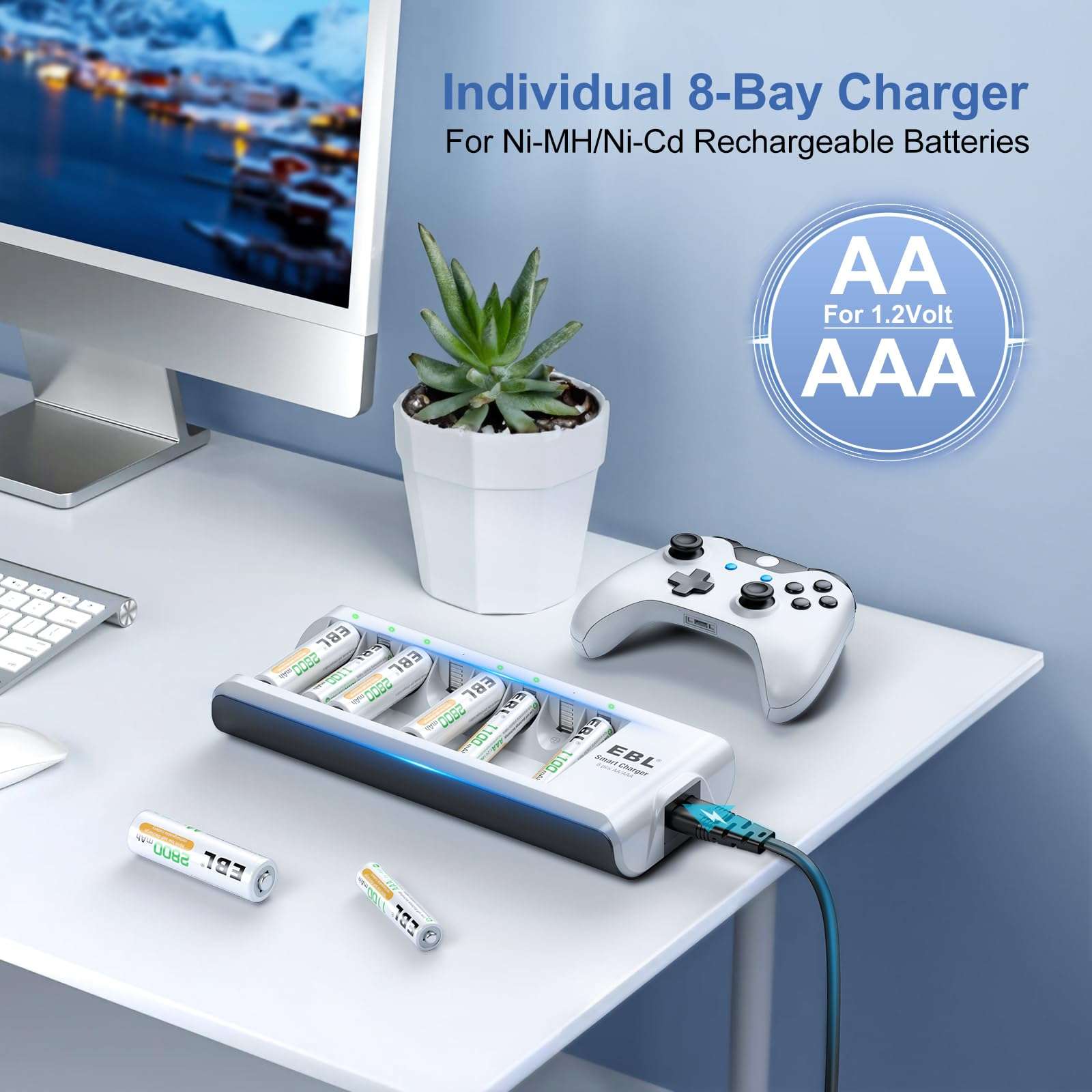 EBL Rechargeable AAA Batteries, 8 Pack 1100mAh NiMH Triple AAA Batteries and Individual AA AAA Battery Charger 2