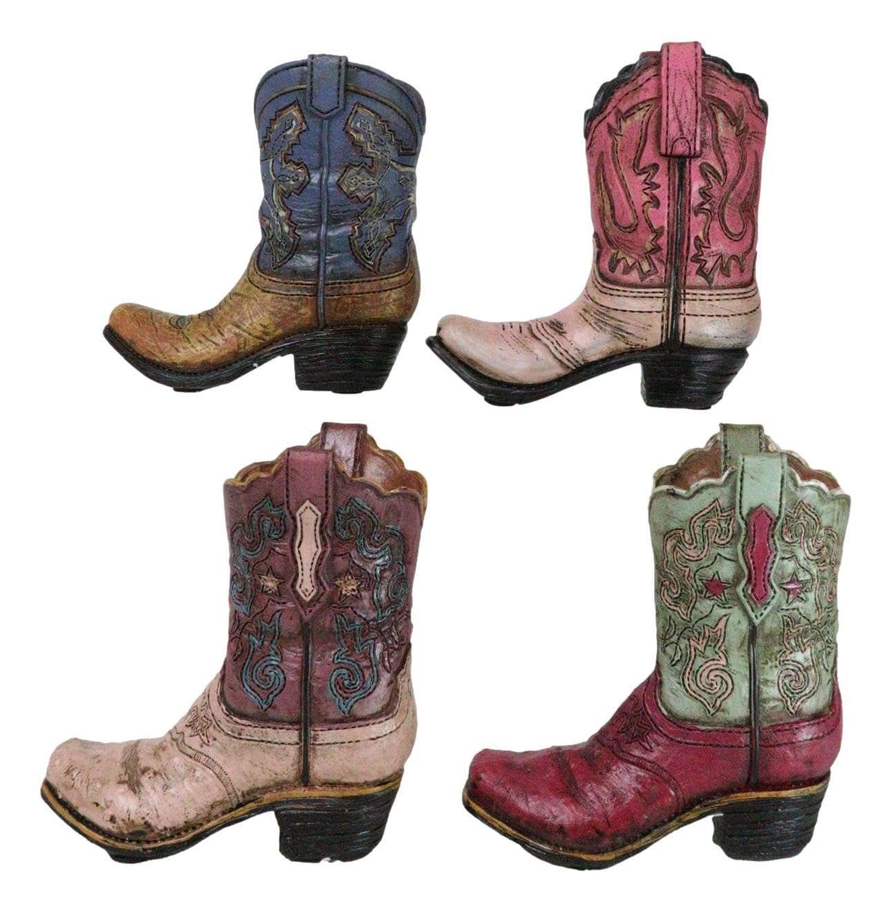 Ebros Gift Pack of 4 Rustic Western Fancy Cowboy Cowgirl Boots in Faux Tooled Patterns Leather Finish Stationery Pen Pencil Make Up Tools Organizer Holder Figurines 4