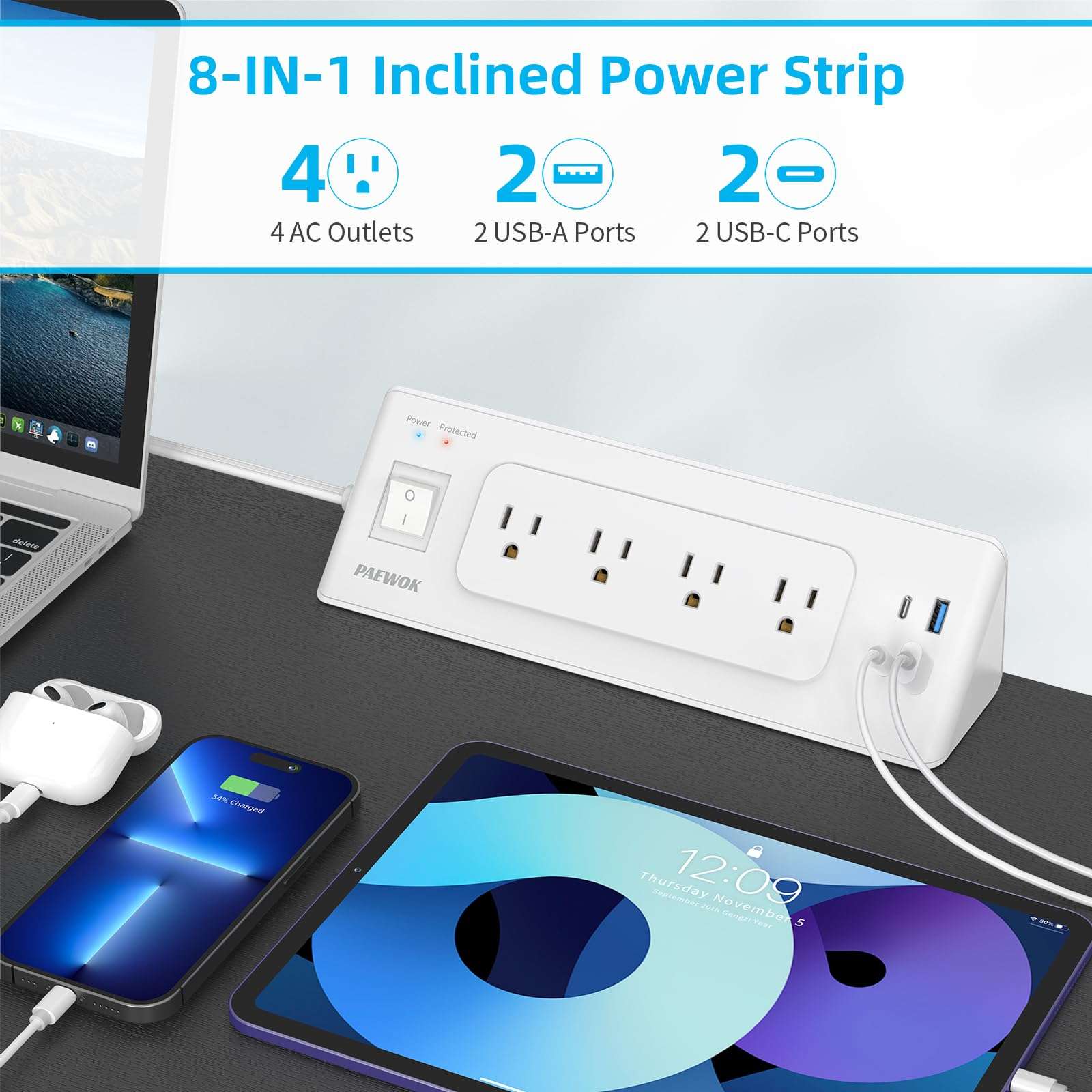Electrical Outlet Extender with USB C, Flat Wall Plug Extension Cord with 4 Sockets, Surge Protector Power Strip 15 Amps/1200 Joules, 6.5 Ft Multi-Plug Extension Cable for Home Office Dorm, White 3