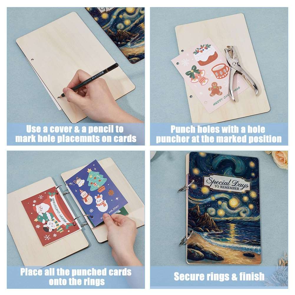 SUPERDANT Wooden Card Keeper Binder Special Days to Remember Greeting Card Organizer Postcard Photo Album 2-Rings Cover Dream Beach Birthday Cards Keeper Book Holder Organizer Wedding Keepsake Gifts 5