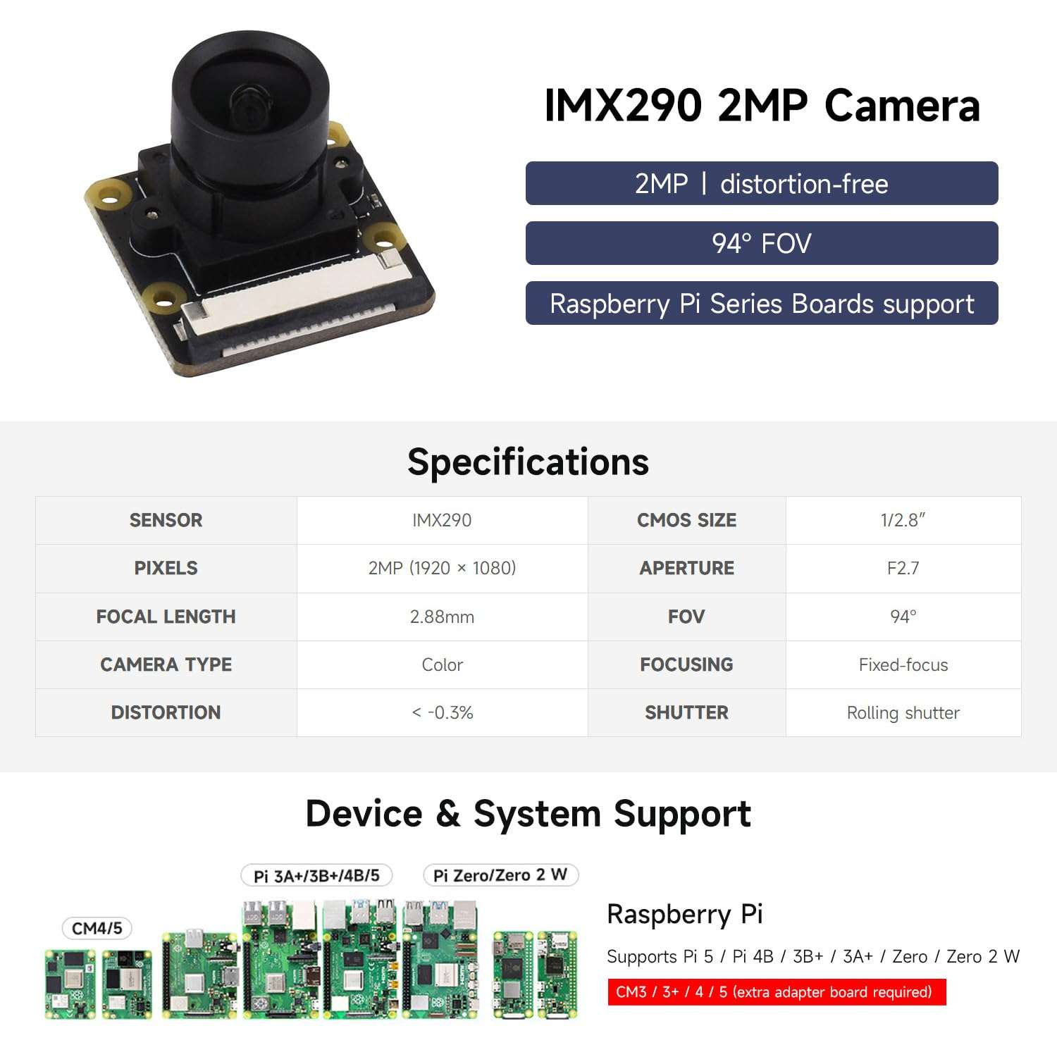 KLAYERS IMX290 2MP Camera Module | Compatible with Raspberry Pi5/4B/ZERO/ZERO 2 W | Low-Light Sensitivity | Distortion-Free 4