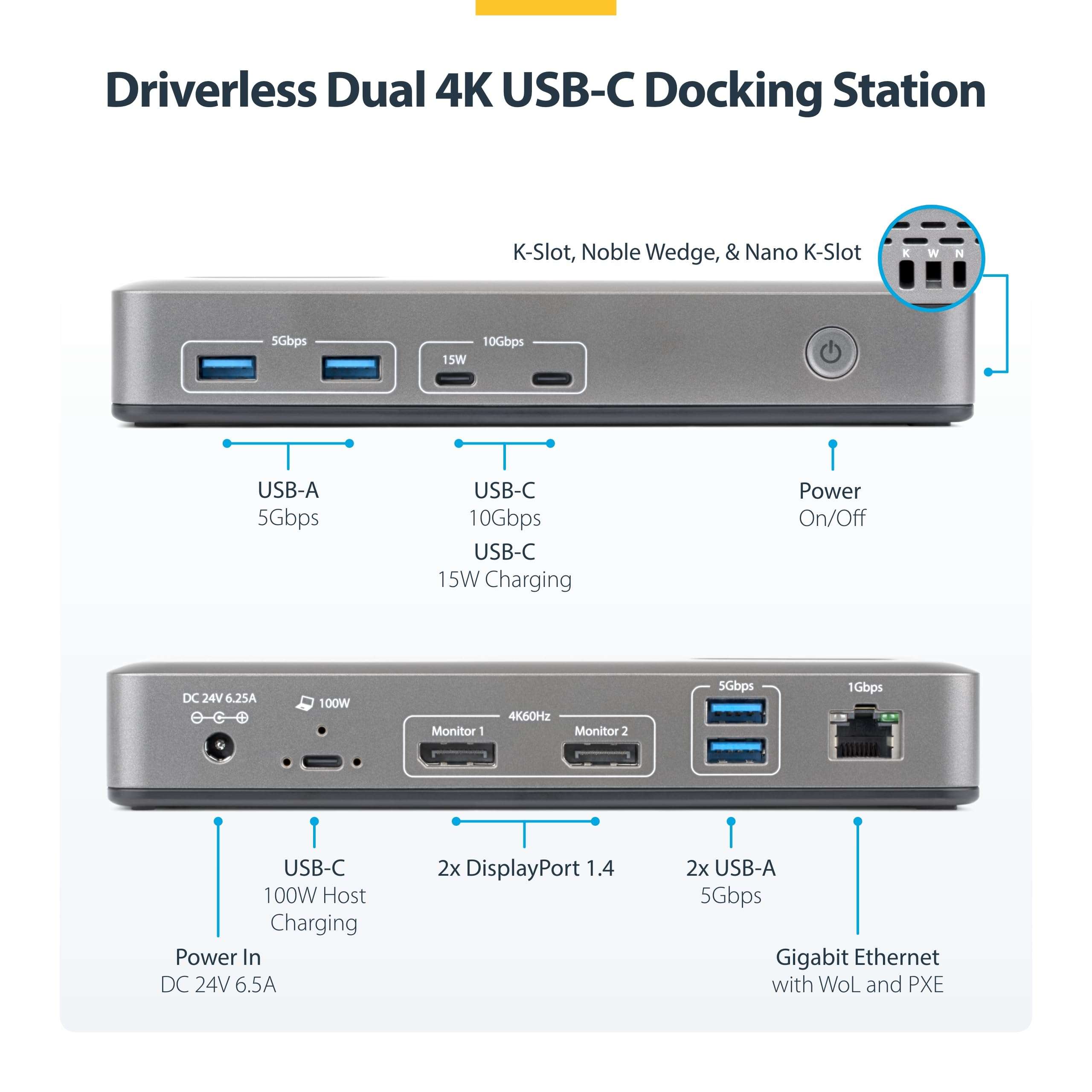 StarTech USB-C Docking Station Dual 4K 60Hz DisplayPort, 100W Power Delivery Charging, 6 USB Ports (10Gbps), Gigabit Ethernet, Driverless Windows Professional Laptop Dock (201N-USBC-DOCK) 3