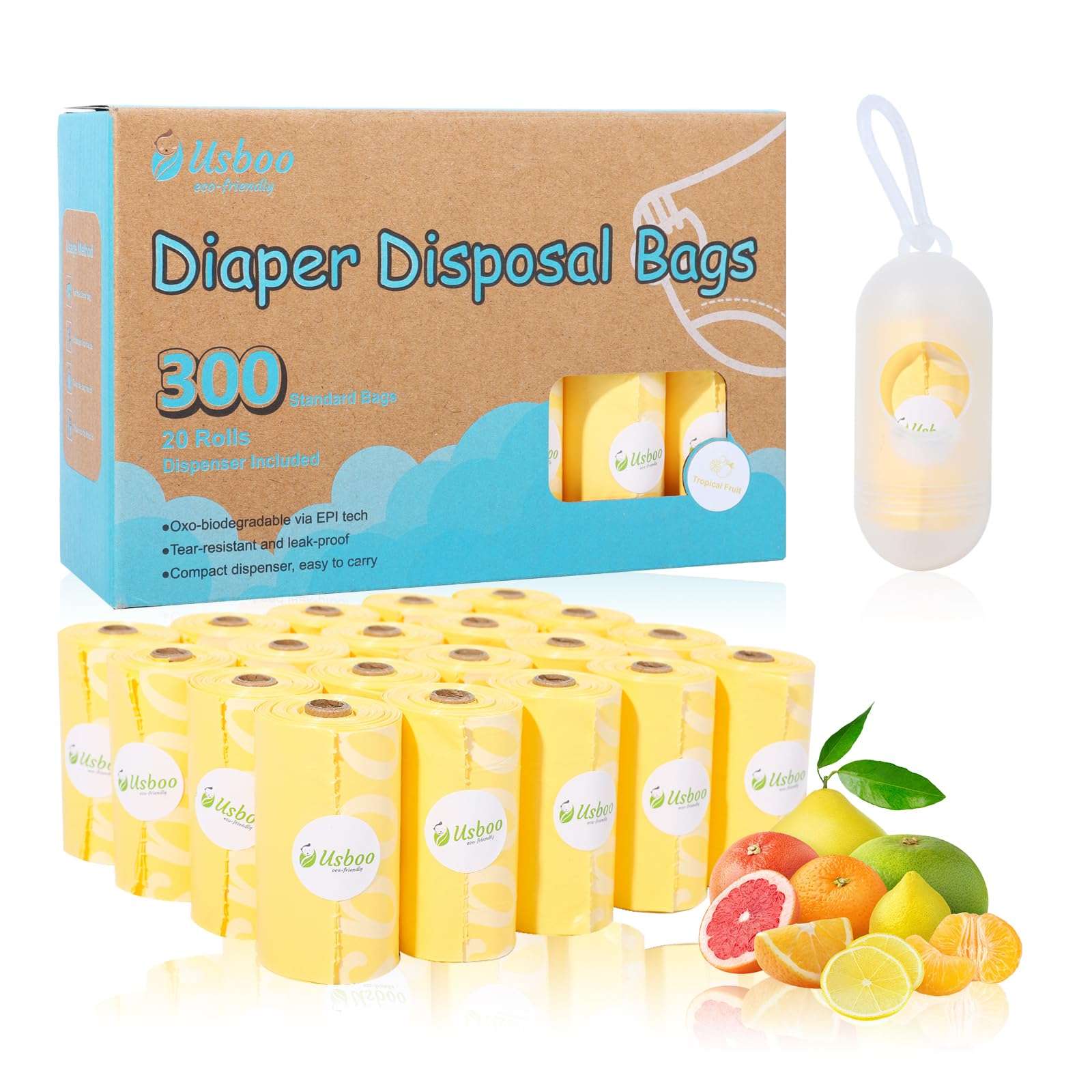 USBOO Diaper Disposal Bags - 20 Refill Rolls/300 Pack Baby Poop Bag with Dispenser | Tropical Fruit Scented | Leak Proof & Trash Bags for Diapers | Baby Essentials 1