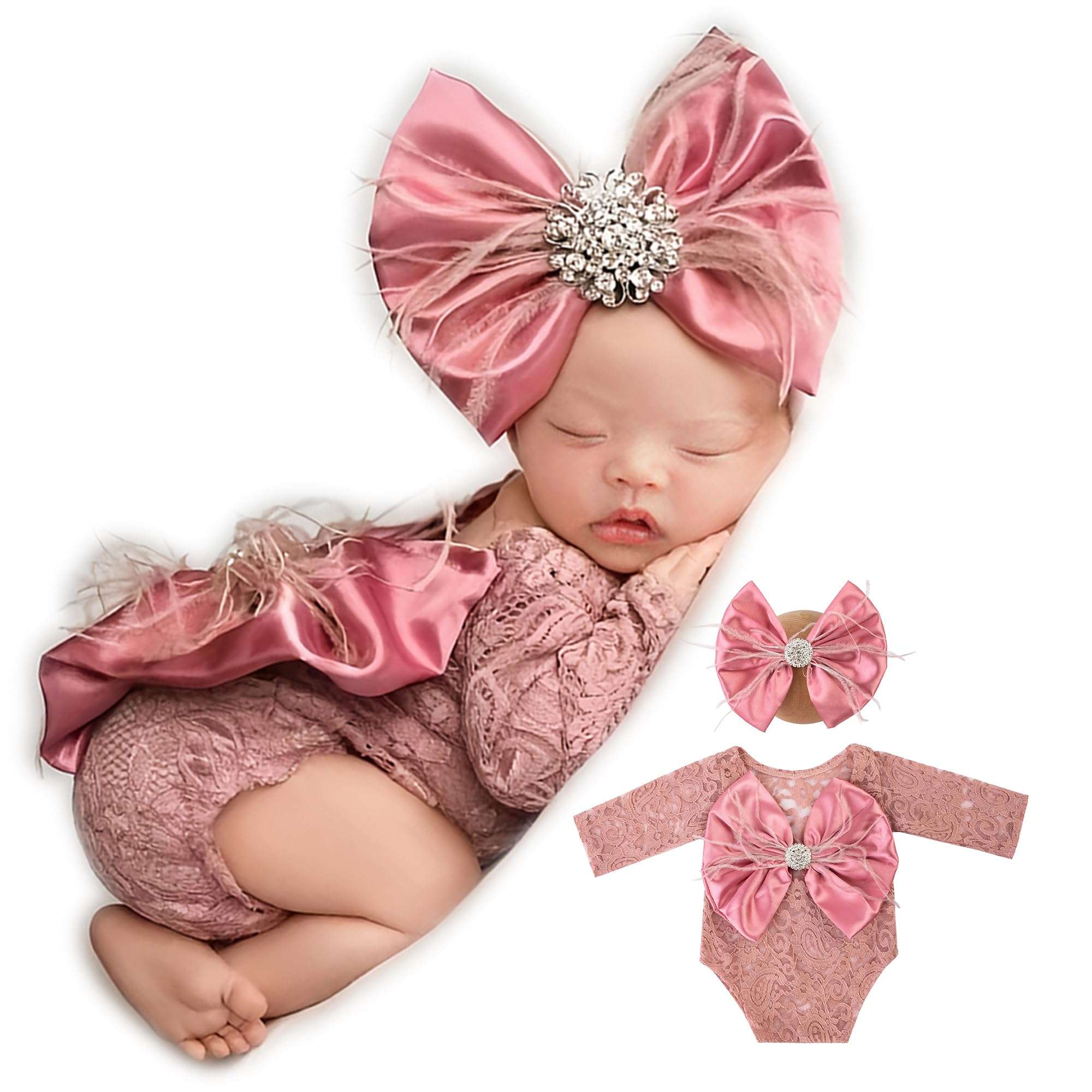 Newborn Photography Props, Infant Girl Photoshoot Lace Romper & Bow Headband Outfit, Cute Baby Photo Props for Newborns (Dusty Pink) 1