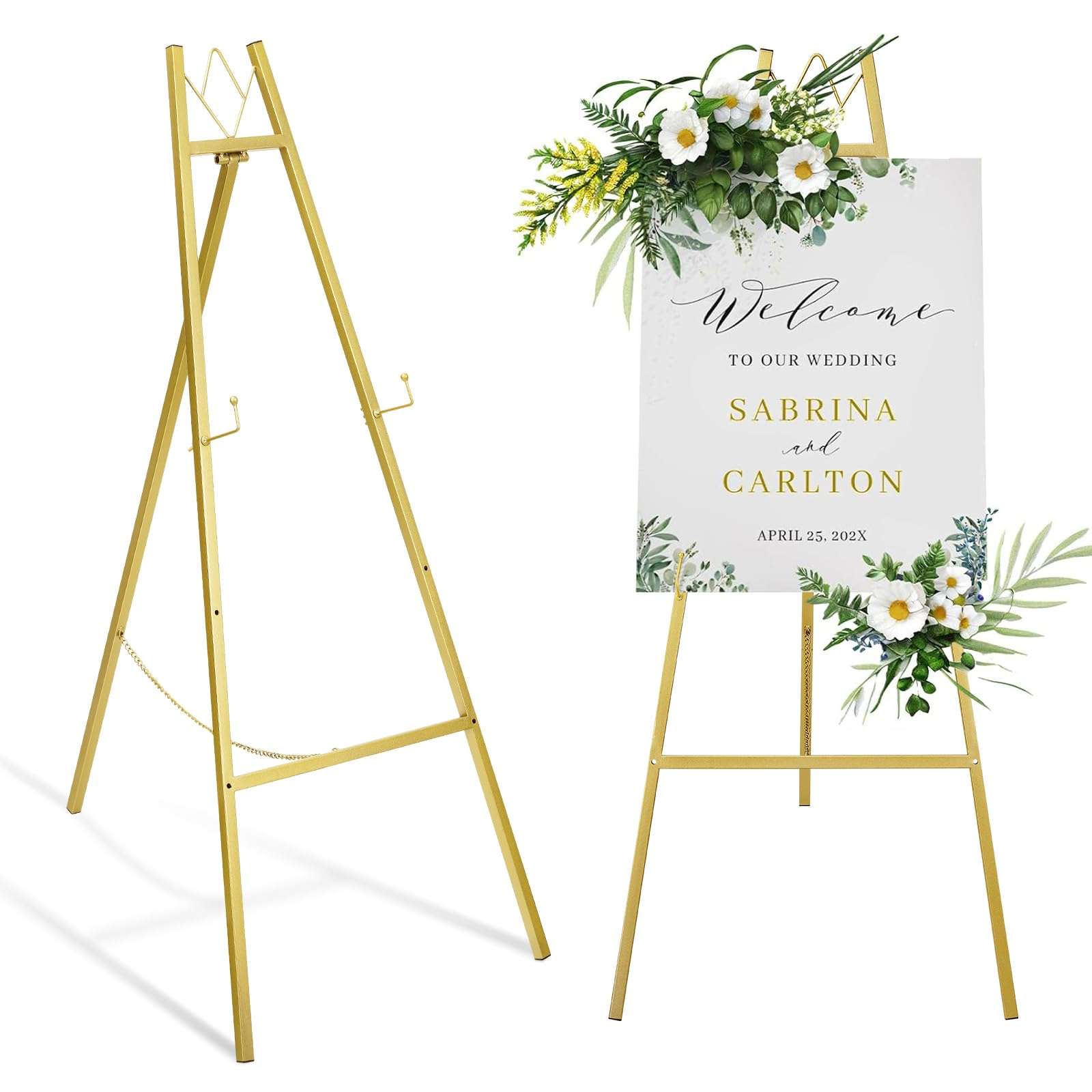 GRENTY Gold Easel Stand for Wedding Sign,No Assembly Required Metal Artist Easels for Display,Heavy Duty Welcome Poster Stands for Party,Painting 1