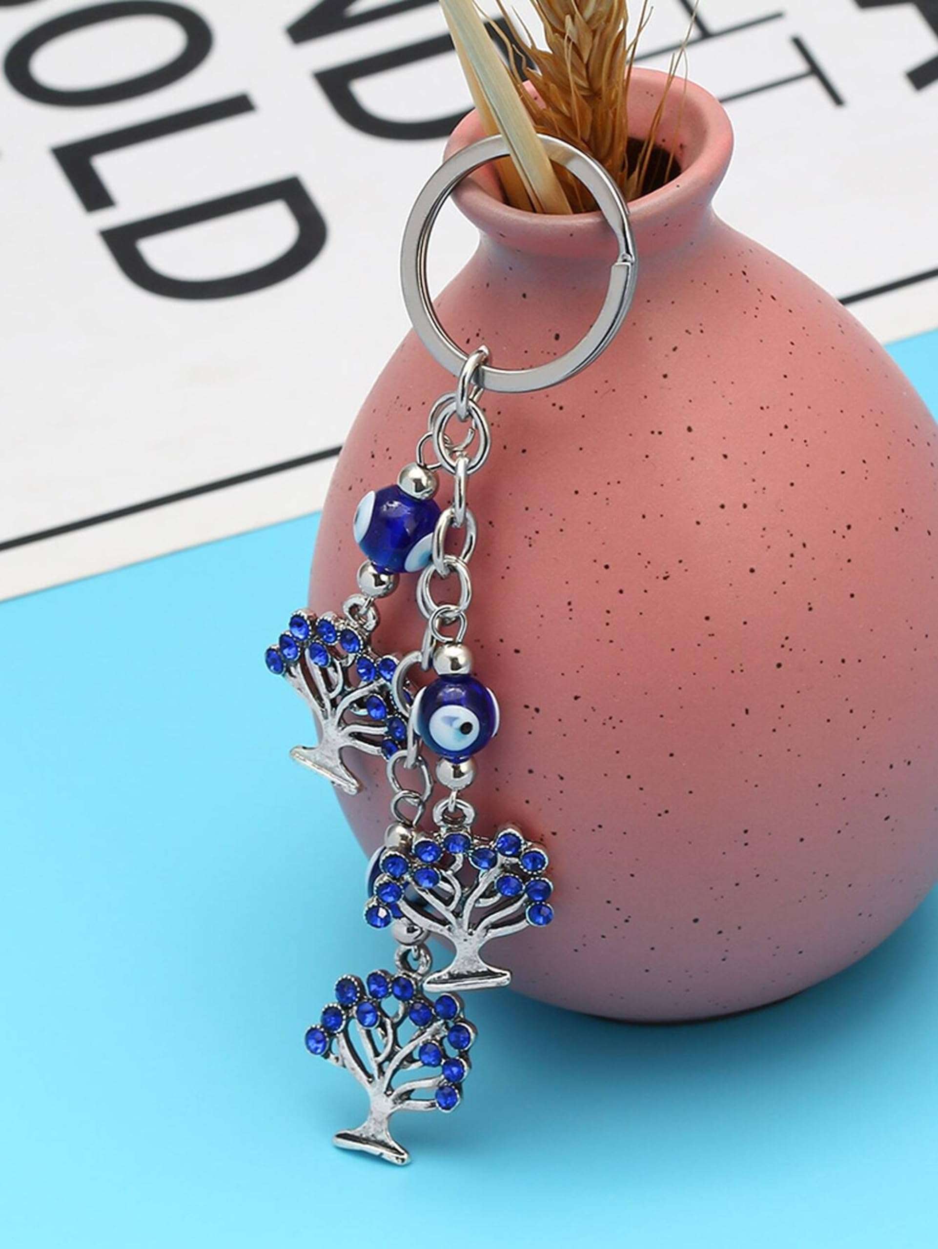 AUGEN Premium Blue Evil Eye Three Trees Design Keychain Metal Vastu Good Luck Charm Protection With Key Ring Anti-Rust (Pack Of 1) 5