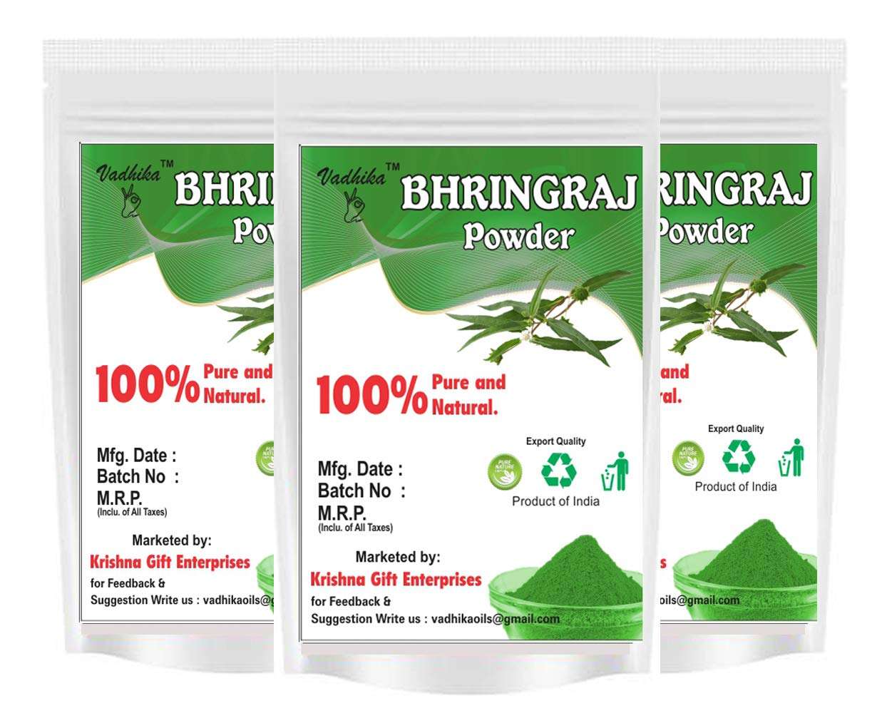 VADHIKA Pure Organic & Natural & Natural Bhringraj Powder For Hair & Skin- Pack of 3 (100 gm Each) 1