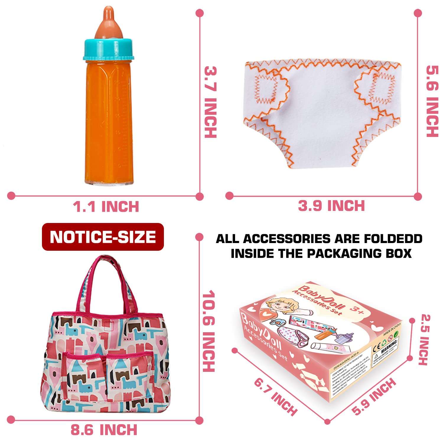 14 Pack Baby Doll Accessories, Baby Doll Feeding and Caring Set Includes Diaper Bag, Doll Diapers, Magic Bottle, Changing Mat for Girl Toddler Kid, Babies Pretend Play Set for Birthday Gift Christmas 5