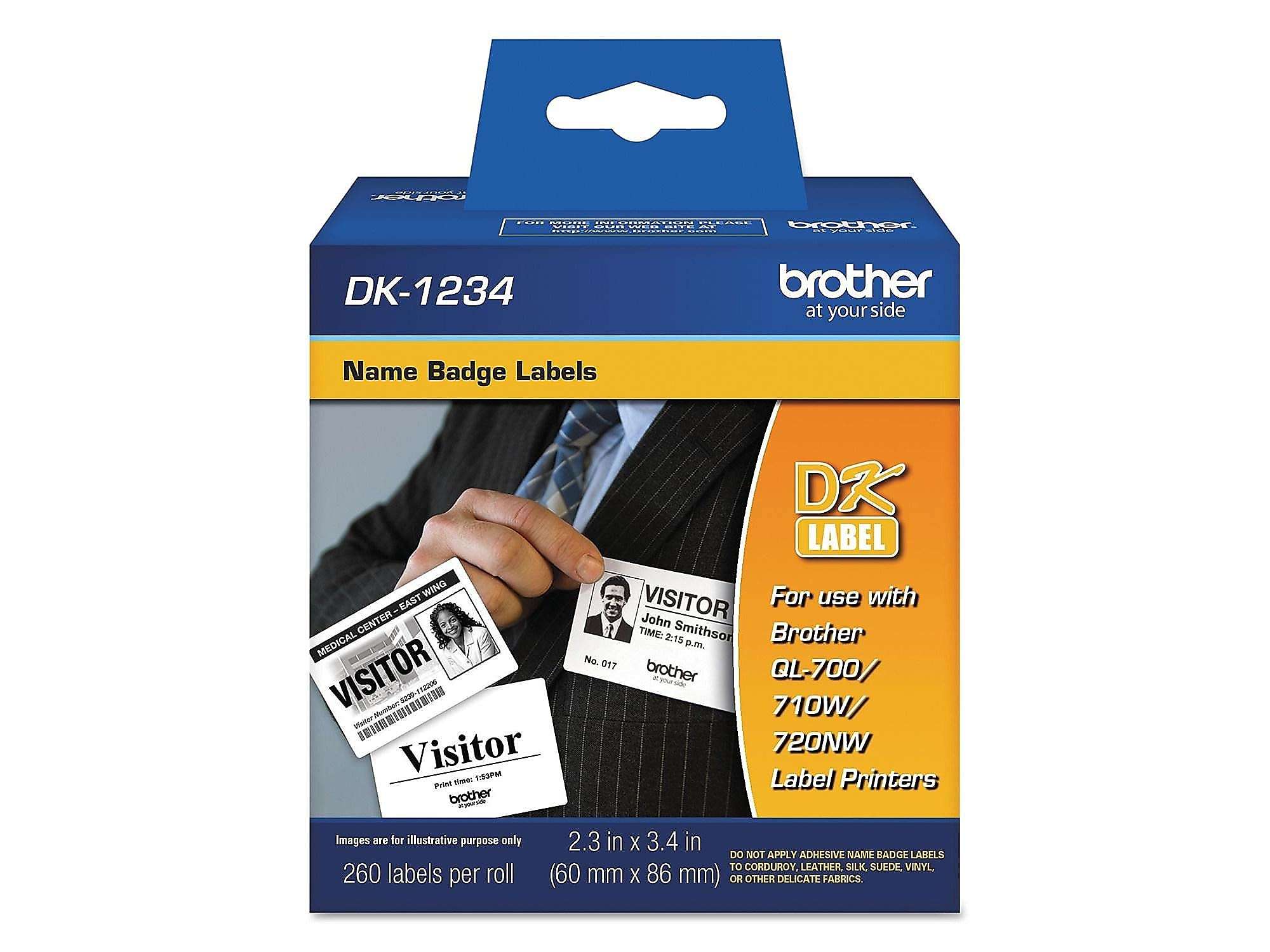 Brother Genuine DK-1234 Die-Cut Adhesive Name Badge White Paper Labels for Brother QL Label Printers, 2.3" x 3.4" (60mm x 86mm), 260 Labels per Roll, DK1234 2