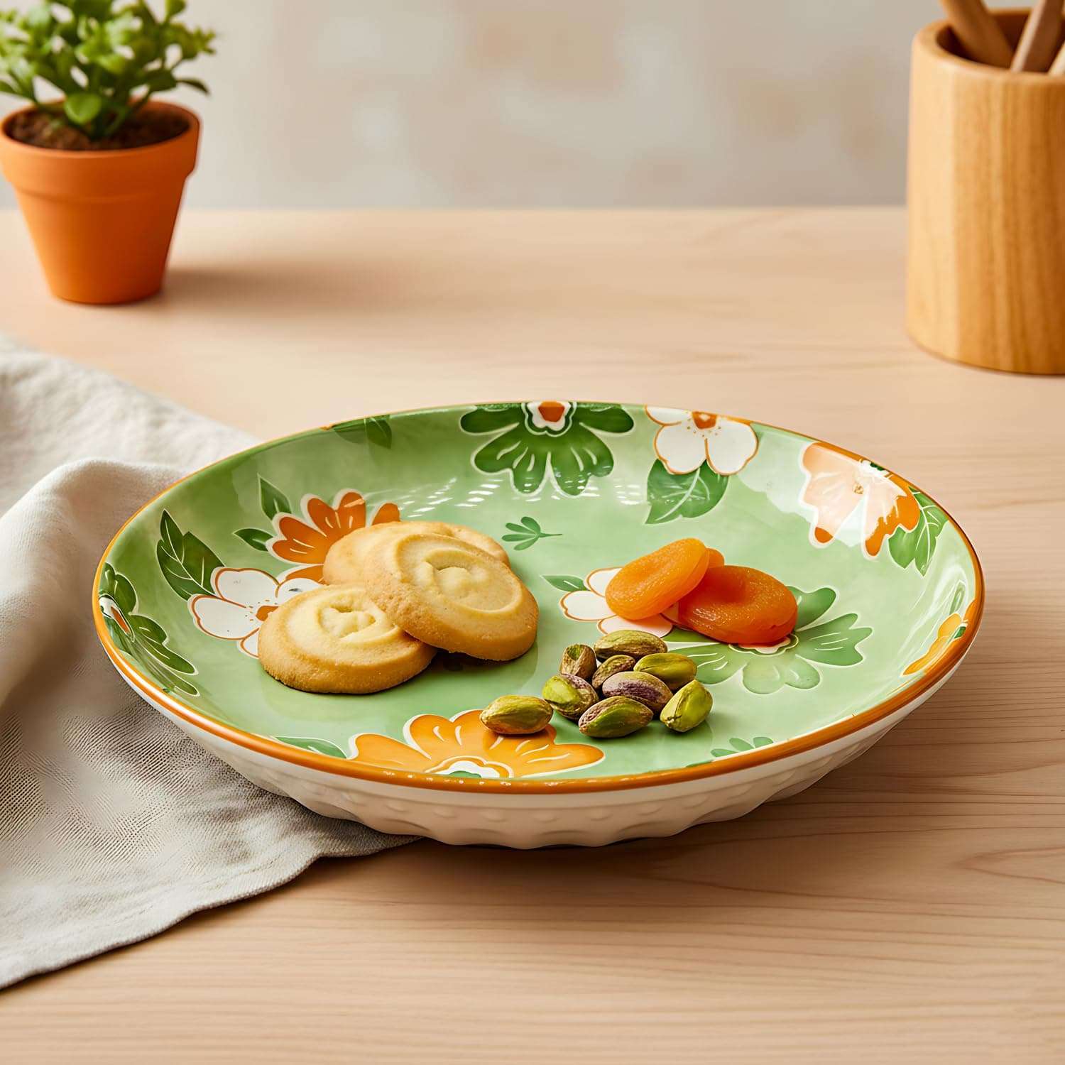 Lemon Tree Snack Serving Plate 20 cm Round Ceramic Deep Salad, Pasta Plate | Dinner Plates for Kitchen Microwave, Dishwasher & Oven Safe (Green) 4