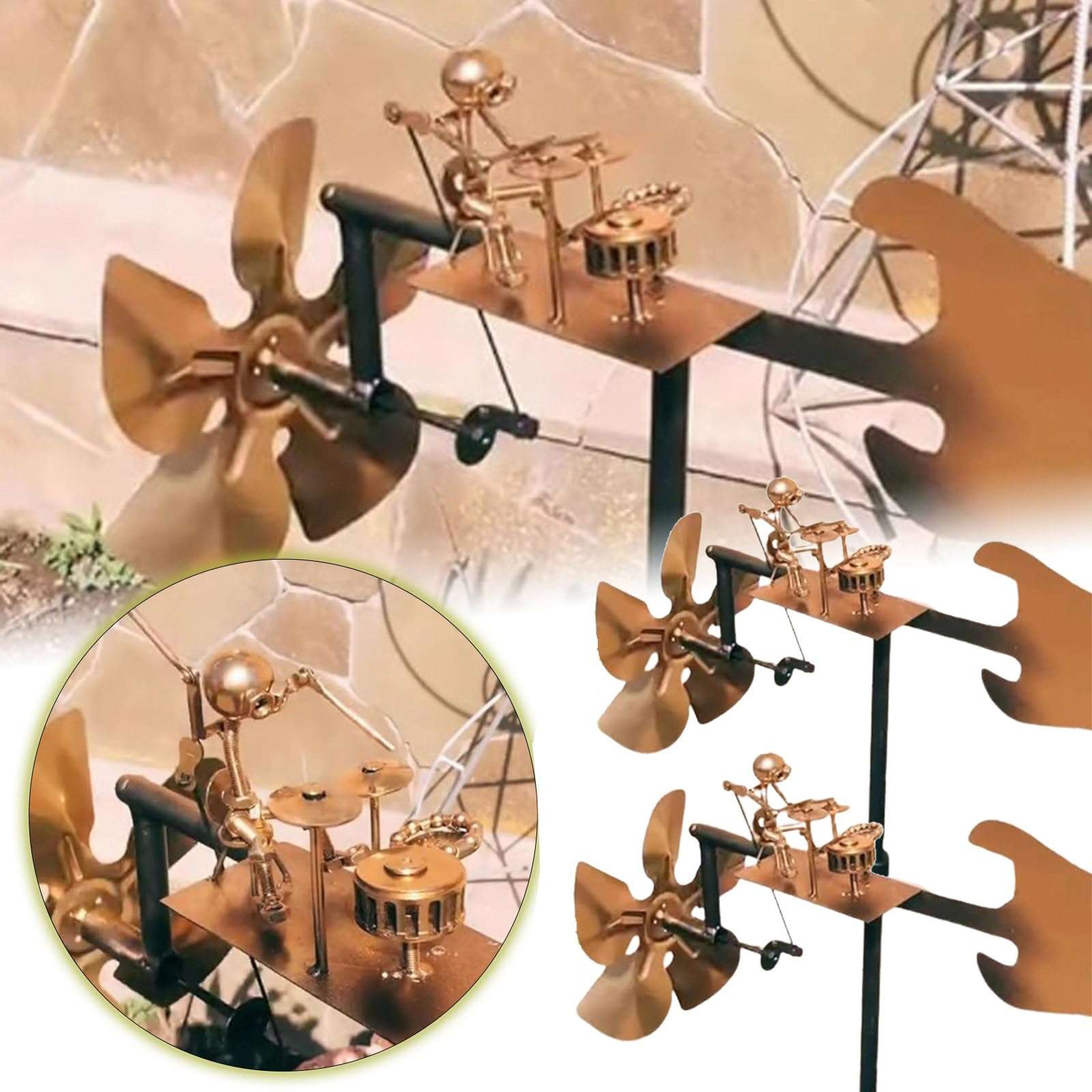 Handmade Metal Drummer Windmill, Percussionist Music Figurines and Statues, Rockin Art Figurine, Wind-Powered Kinetic Sculpture, Wind Spinners for Yard Lawn Garden Patio Decor, Drummer Decor (G_2 pcs) 4