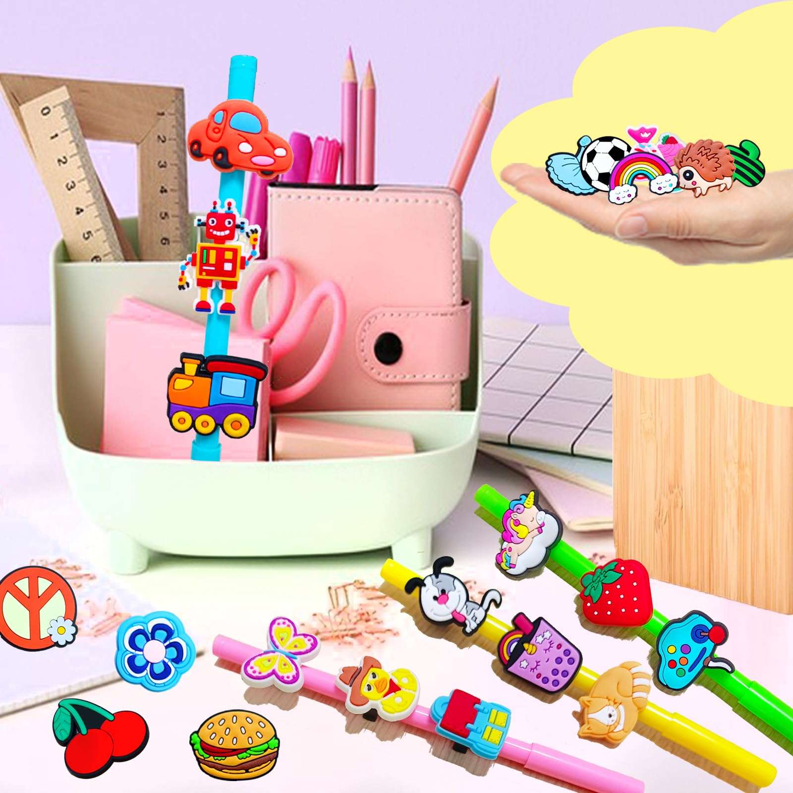 100 PCS Cute Pencil Topper Decoration,Kawaii Pen Straw Clips Decor Accessories,Pencil-Top Charms for Pupil,Junior,Kids,School Supplies,Classroom Reward,Prizes,Gifts,Bulk Random Different Cartoon 6