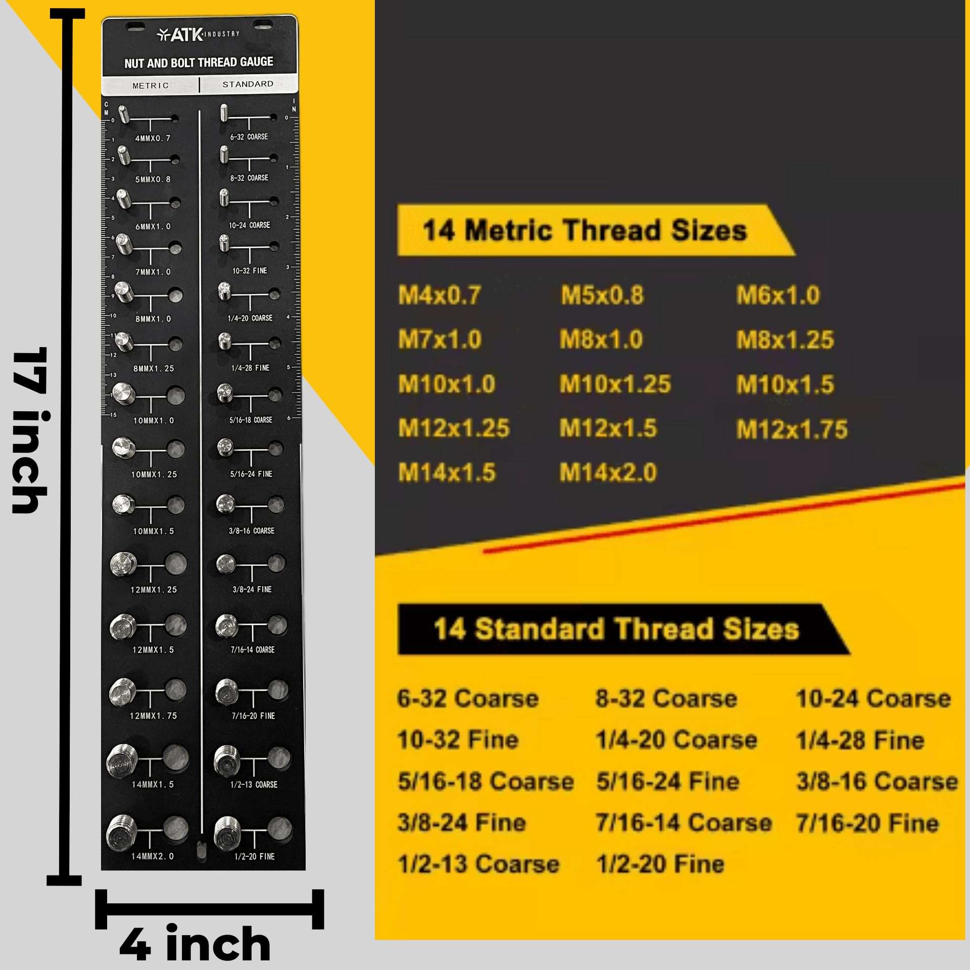ATKindustry Thread Checker Standard and Metric, Nut and Bolt Thread Gauge, Screw Size Chart, 28 Sizes Base Plate - Aluminum Anodized with Stainless Steel Bolts (Black) (Black) 4