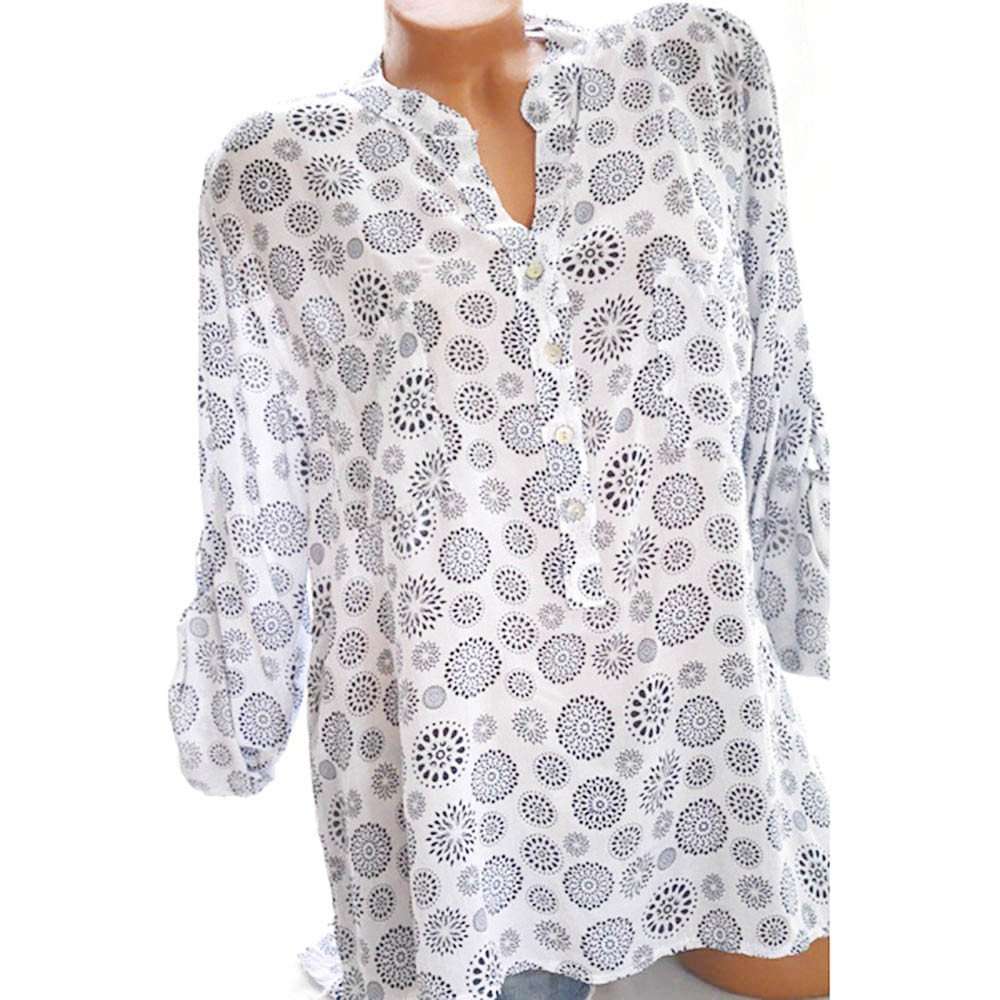Blouse for Women Long Sleeve Kimloog Women Plus Size Print Long Sleeve Polka Dot Button Blouse Pullover Tops Shirt White 4