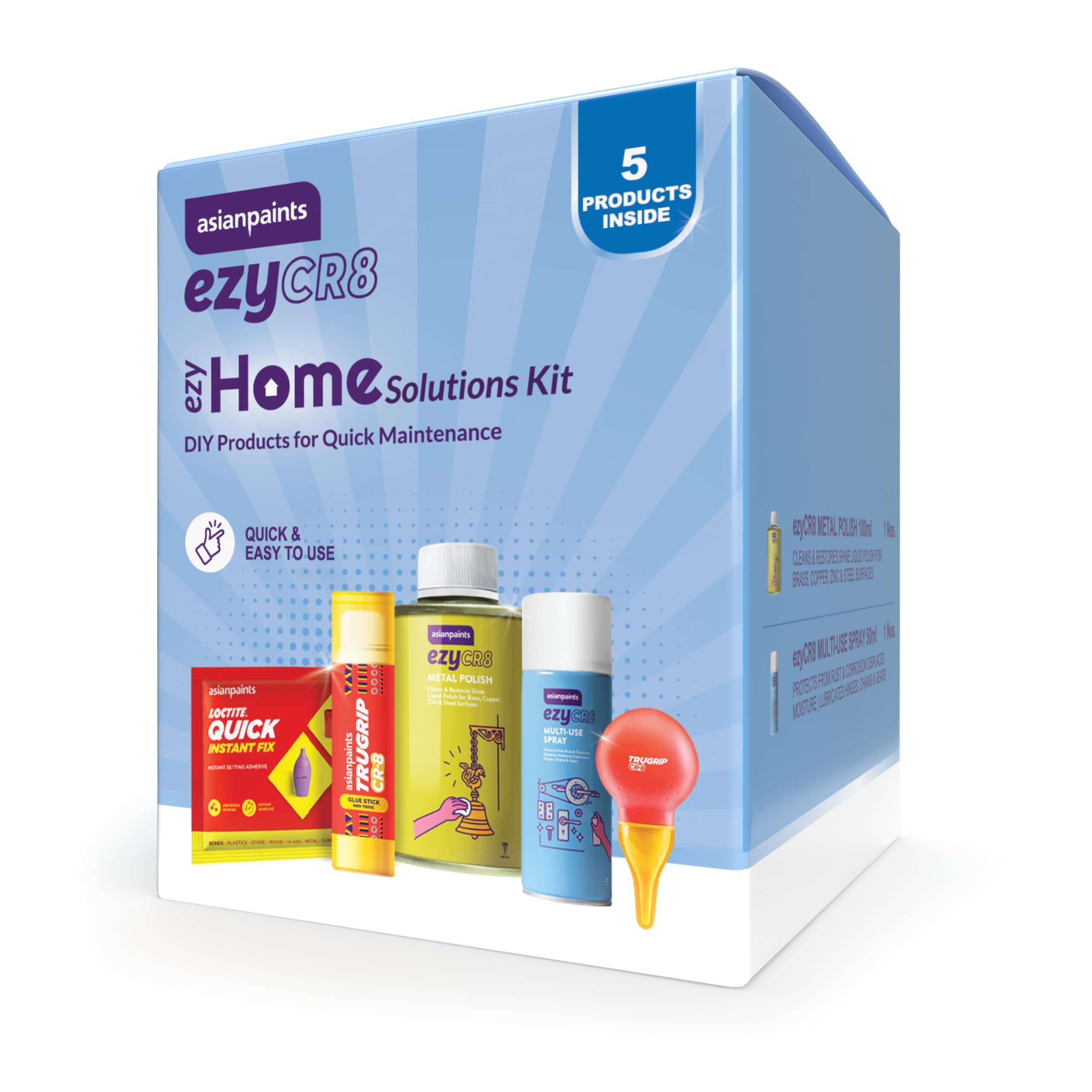 Asian Paints ezyCR8 ezy Home Solutions Kit containing 5 DIY Products for Quick Home Maintenance - Trugrip White Glue, Glue Stick, Loctite Quick Instant Fix, Metal Polish & Multi-Use Spray