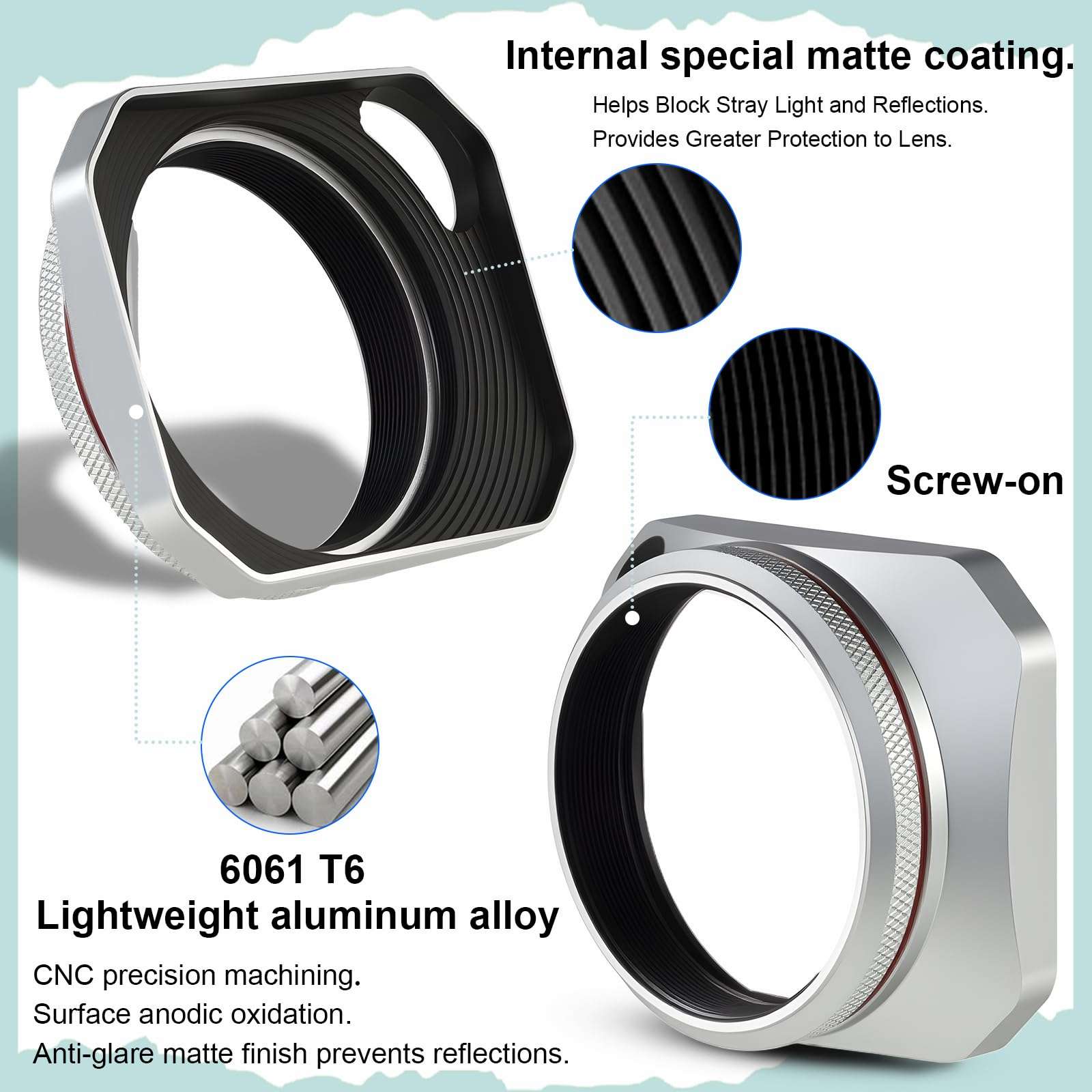 Haoge Square Metal Lens Hood for Fujifilm X100VI X100V X100F X100T X100S X70 Fuji Photo Camera Accessories Silver with 49mm Uv Filter Adapter Ring Hollow Out Designed LH-X1006-PS 6