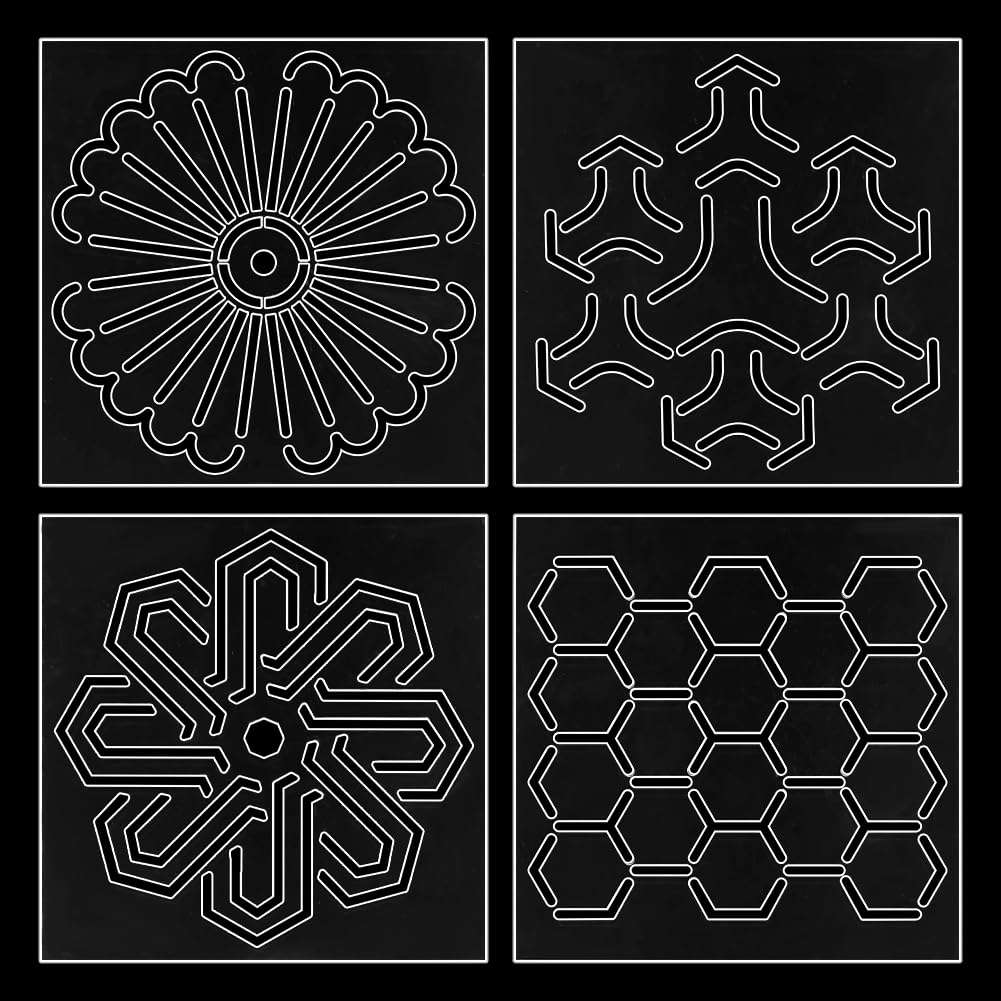 WEBEEDY 4 Styles Acrylic Sashiko Stencil Reusable Tree,Hexagon,Windmill,Clover Sashiko Pattern Template for Adults Beginners Drawing Line Template for Hand Quilting Embroidery,12x12x0.2cm/4.7x4.7x0.1 1