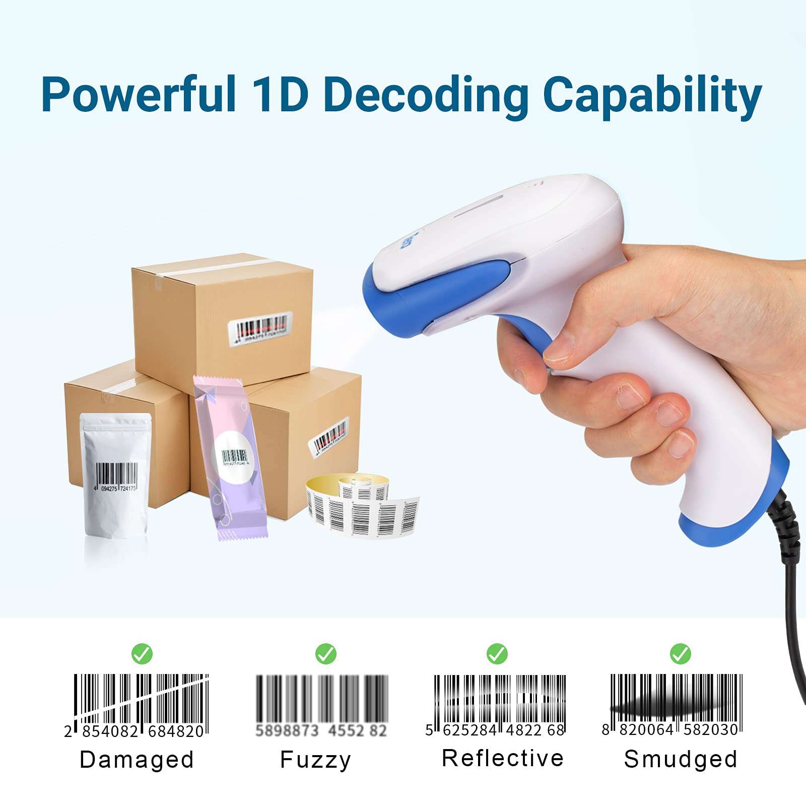 Tera 1D Laser Barcode Scanner USB Wired Plug and Play Handheld Fast and Precise Scan Bar Code Reader for Small Businesses Supermarket Retail Store Library Logistic Warehouse 3106-2 4