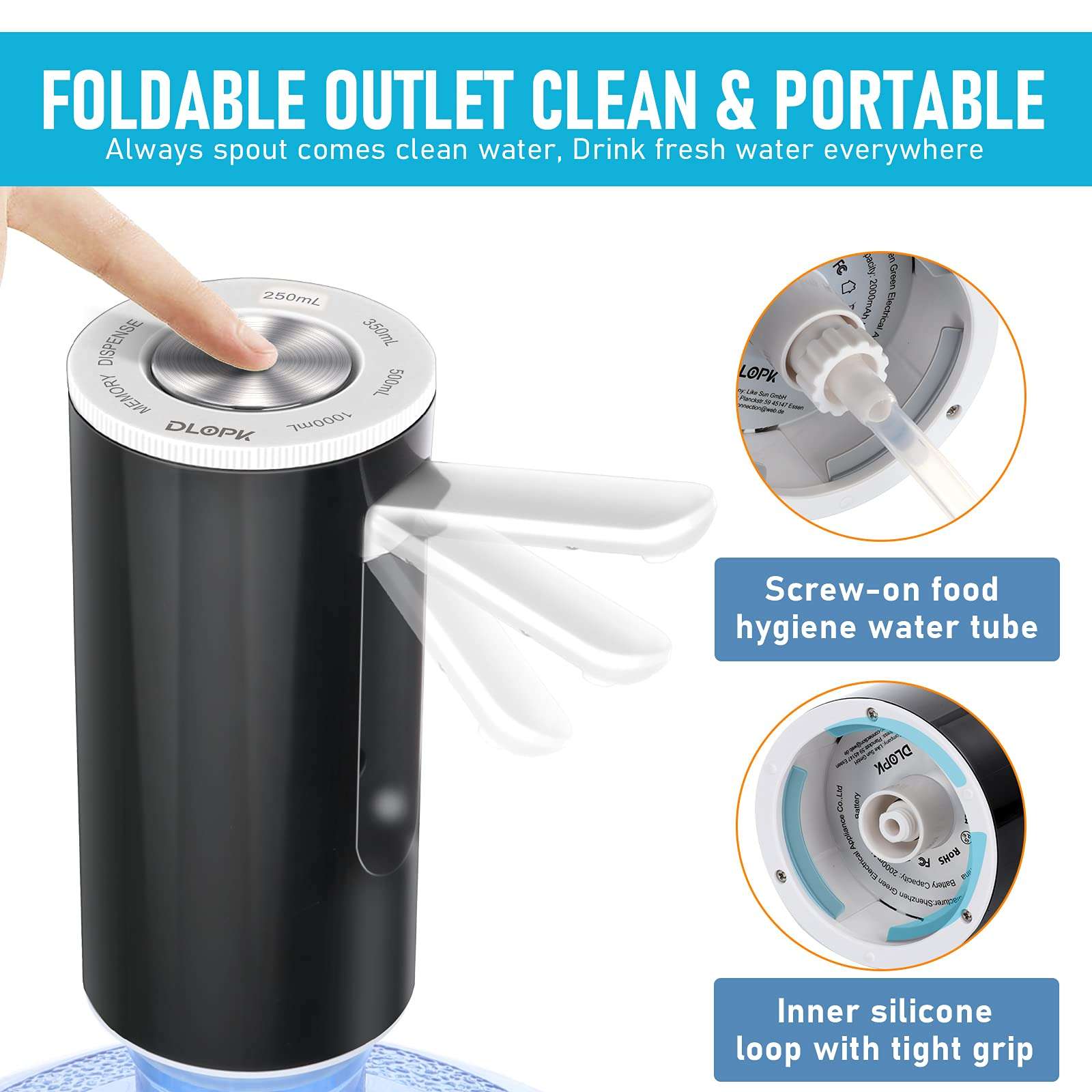 Water Bottle Pump, 2000mAh Battery USB Water jug Pump for 5 Gallon Water Pump,Portable Automatic Water Dispenser Pump for Home Office RV Camp (Foldable) Black 3