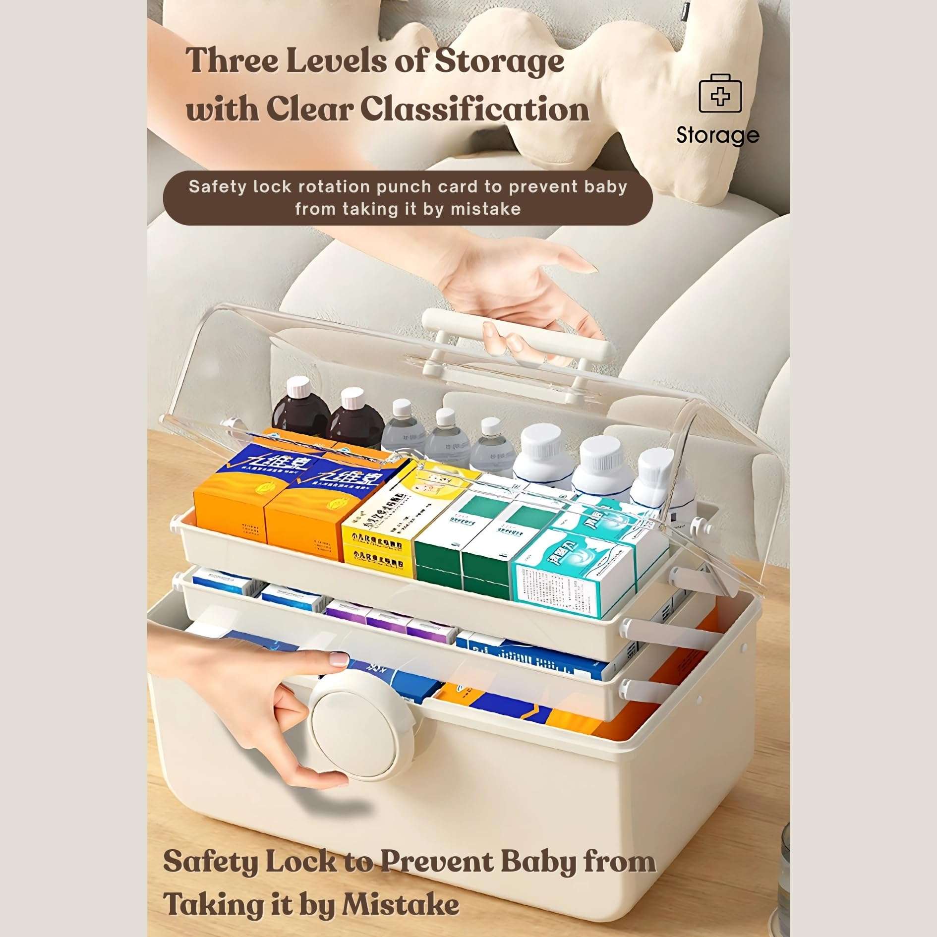 KREPS® Plastic Medicine Box, Emergency Portable First Aid Kit, Medical Box, Multi Purpose Storage Box, Multi Utility Storage with Handle. (Cream) 4