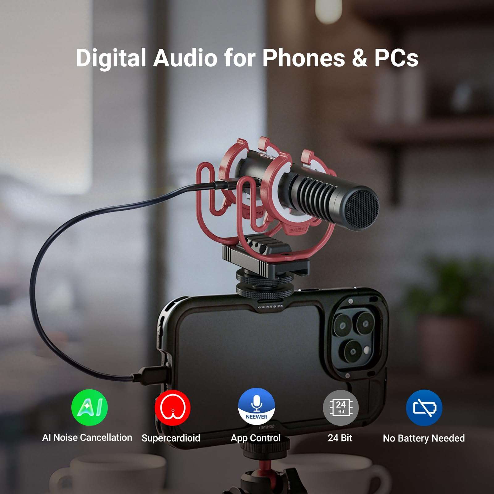 NEEWER VM15 AI Noise Cancelling Supercardioid Mini Mic with App Control & EQ, 48KHz/24Bit, 3.5mm Analog/USB C Digital Microphone Compatible with iPhone Android Computers Canon Nikon Sony Camera 4