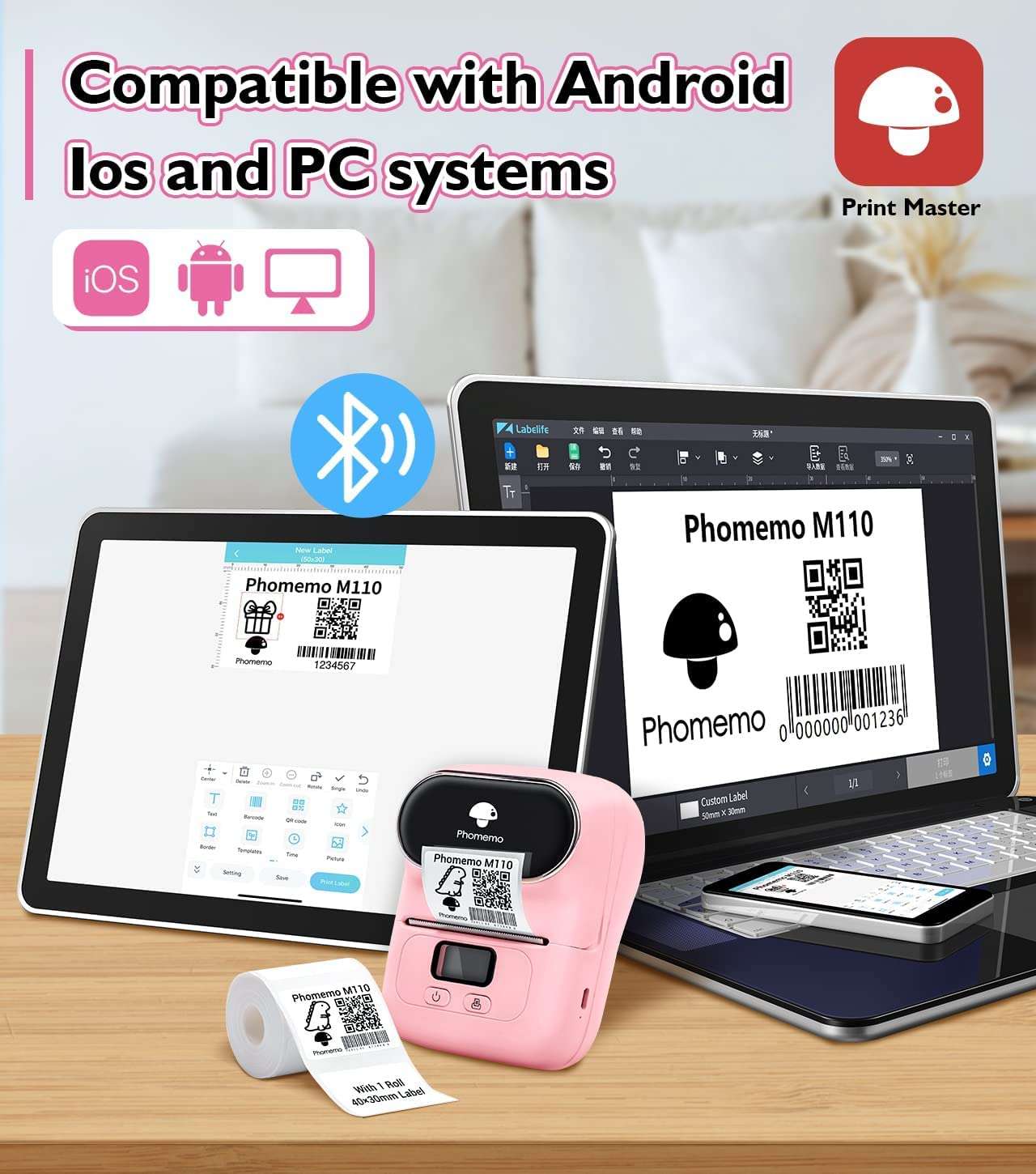 Label Maker, Phomemo M110 Label Maker for Small Business, Bluetooth Thermal Label Maker Compatible with iOS & Android, Barcode Label Printer with Tape, Address Labels, Reatil, Images, Pink 4
