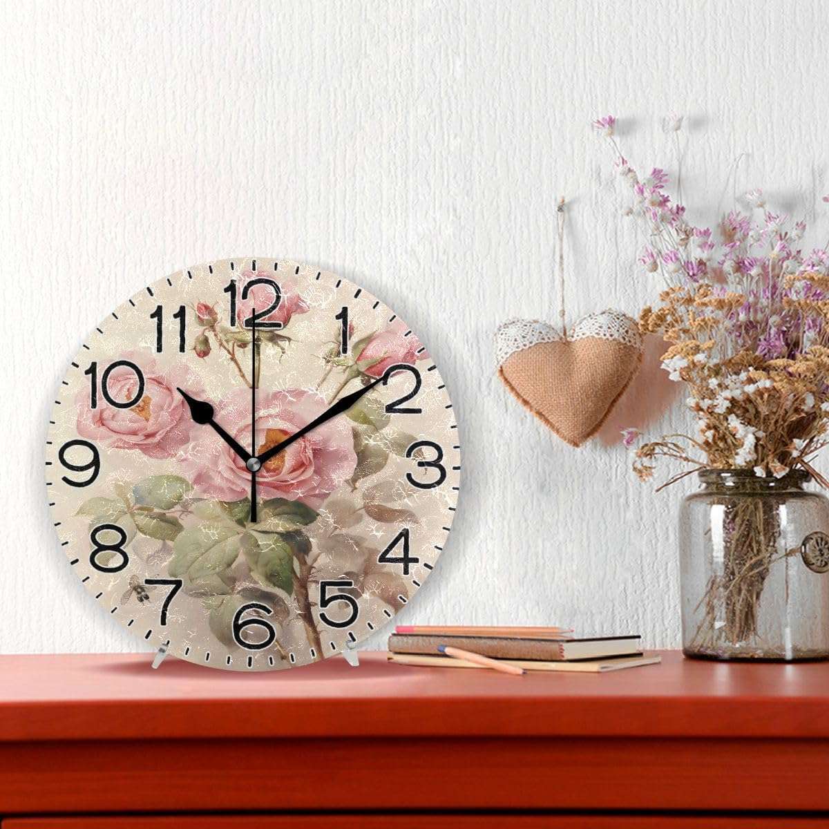 Pink Rose Flowers Wall Clock Battery Operated Non Ticking Silent Quartz Analog Rustic Farmhouse Round Clock Retro Decor for Home Kitchen Living Room Bathroom12 3