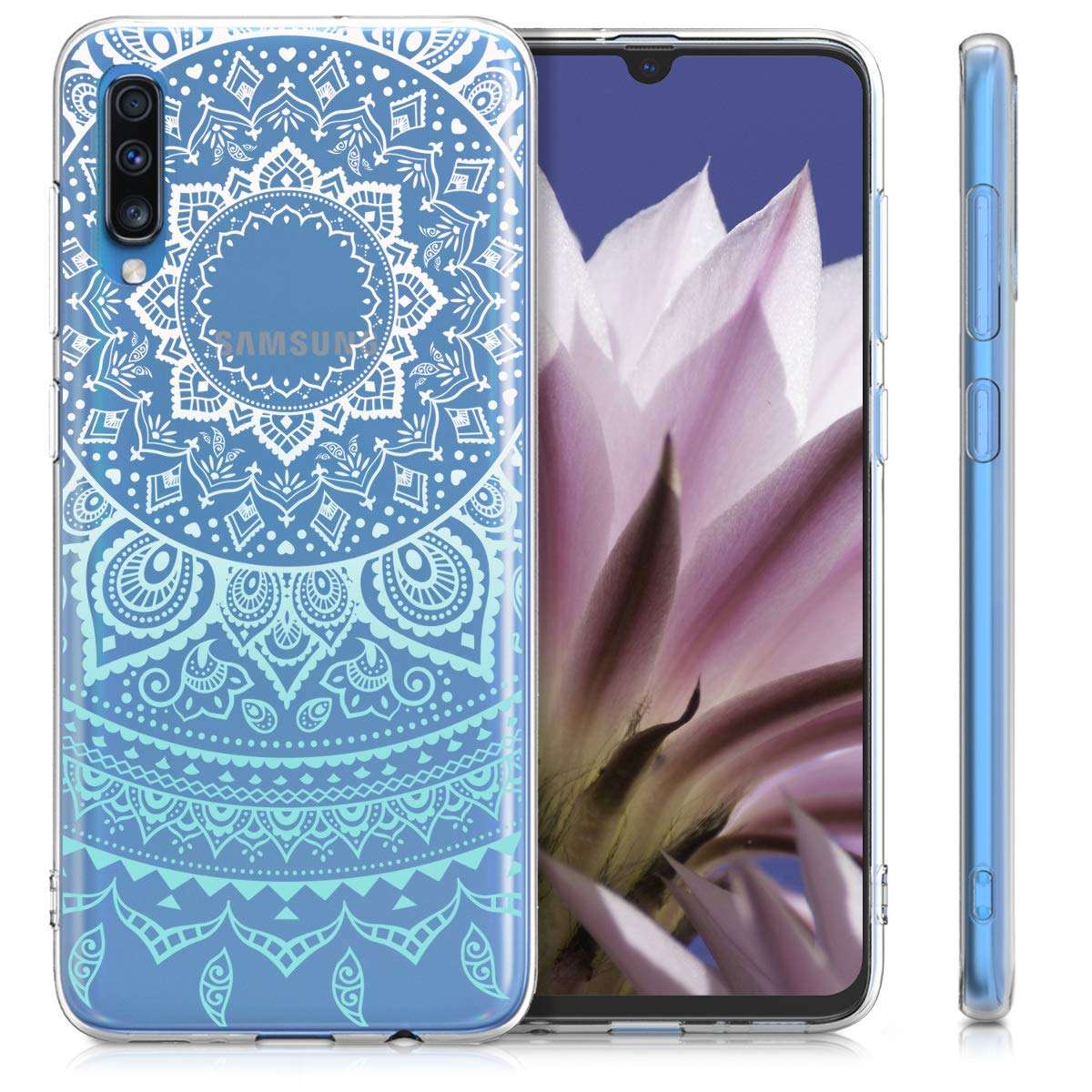 kwmobile Clear Case Compatible with Samsung Galaxy A70 - Phone Case Soft TPU Cover - Indian Sun Mint/White/Transparent 5