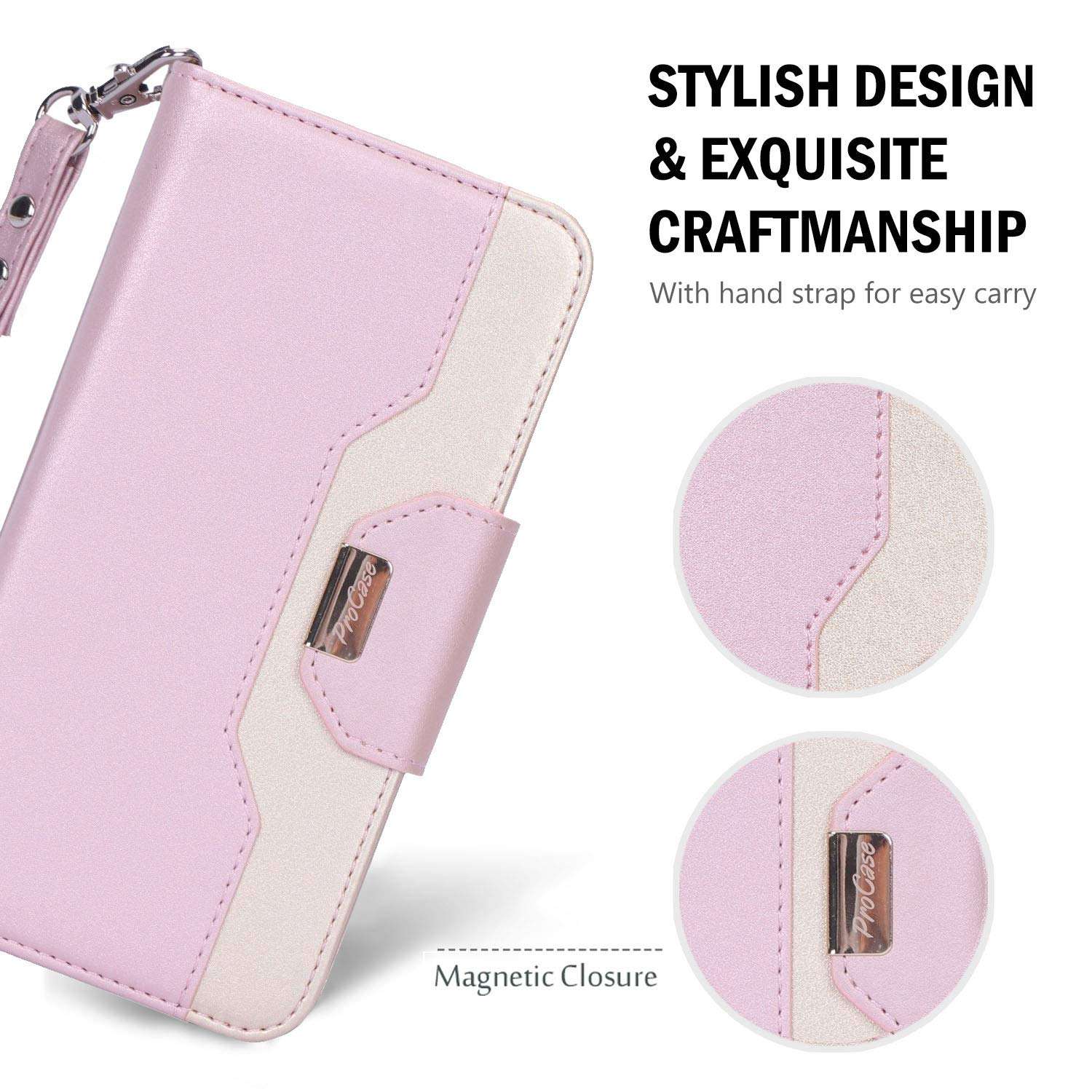 ProCase Galaxy A20 / Galaxy A30 Wallet Case for Women Girls, Flip Folio Kickstand Cover with Card Holders Mirror Wristlet for Galaxy A20 / Galaxy A30 6.4 Inch 2019 Release -Pink 3