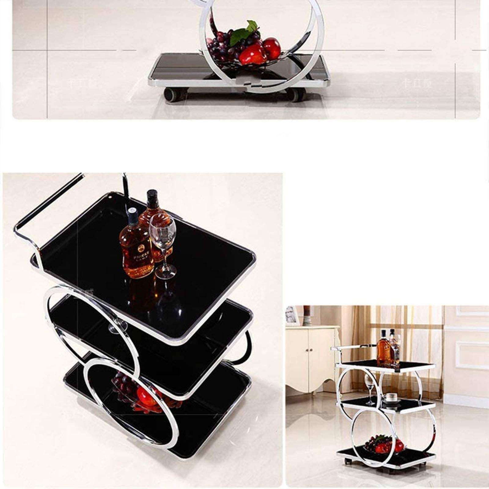 FDFDF Service Cart Storage Trolleys Four Wheels Portable Tool Storage Cart Shelf Trolley,Stainless Steel Rack Simple Fashion Mobile Convenient Hotel Restaurant 3