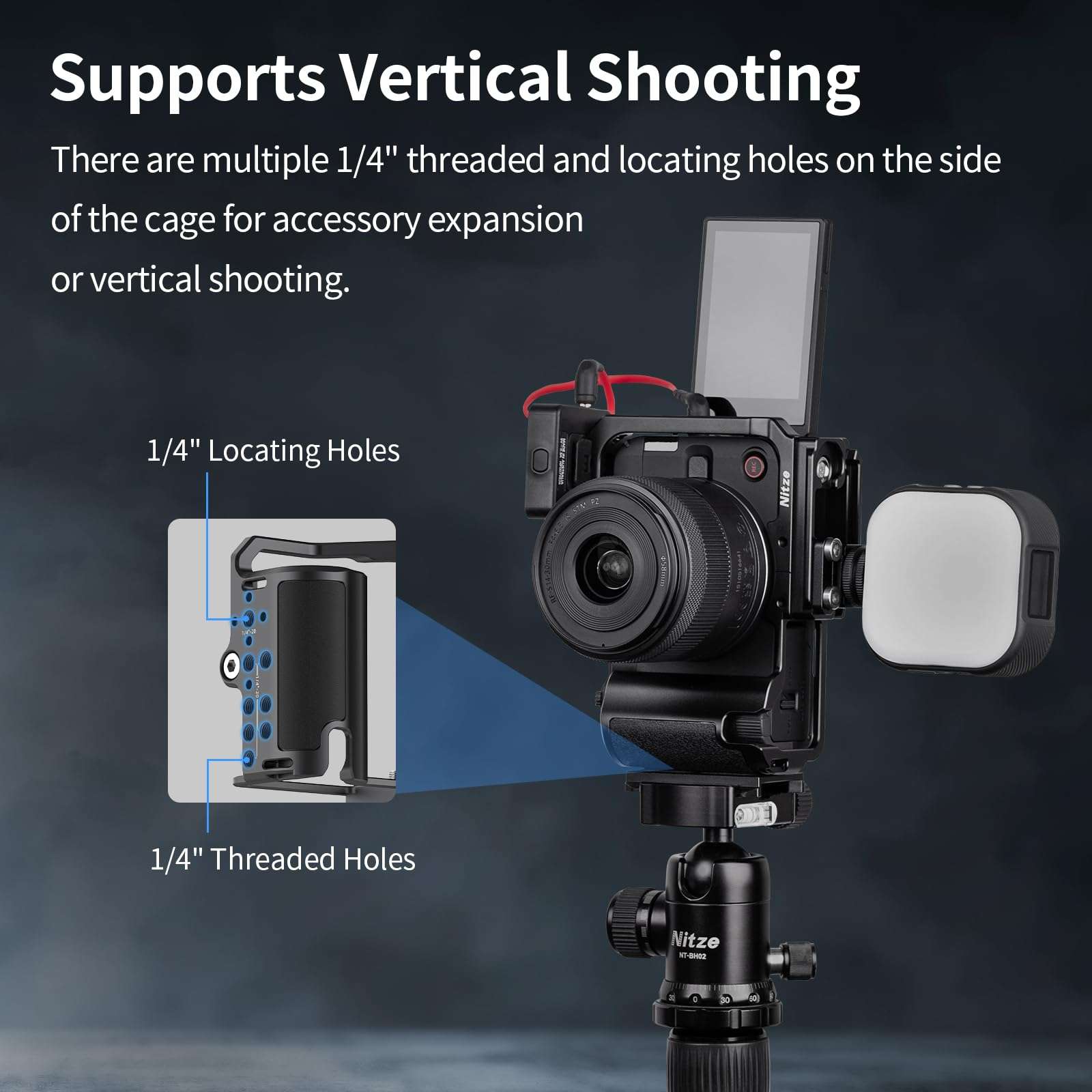 Nitze R50V Cage for Canon R50 V Camera, with Cold Shoe Adapter and Built-in Ergonomic Silicone Grip, Quick Release for Arca and Cold Shoe, Supports Vertical Shooting - T-C07A 5