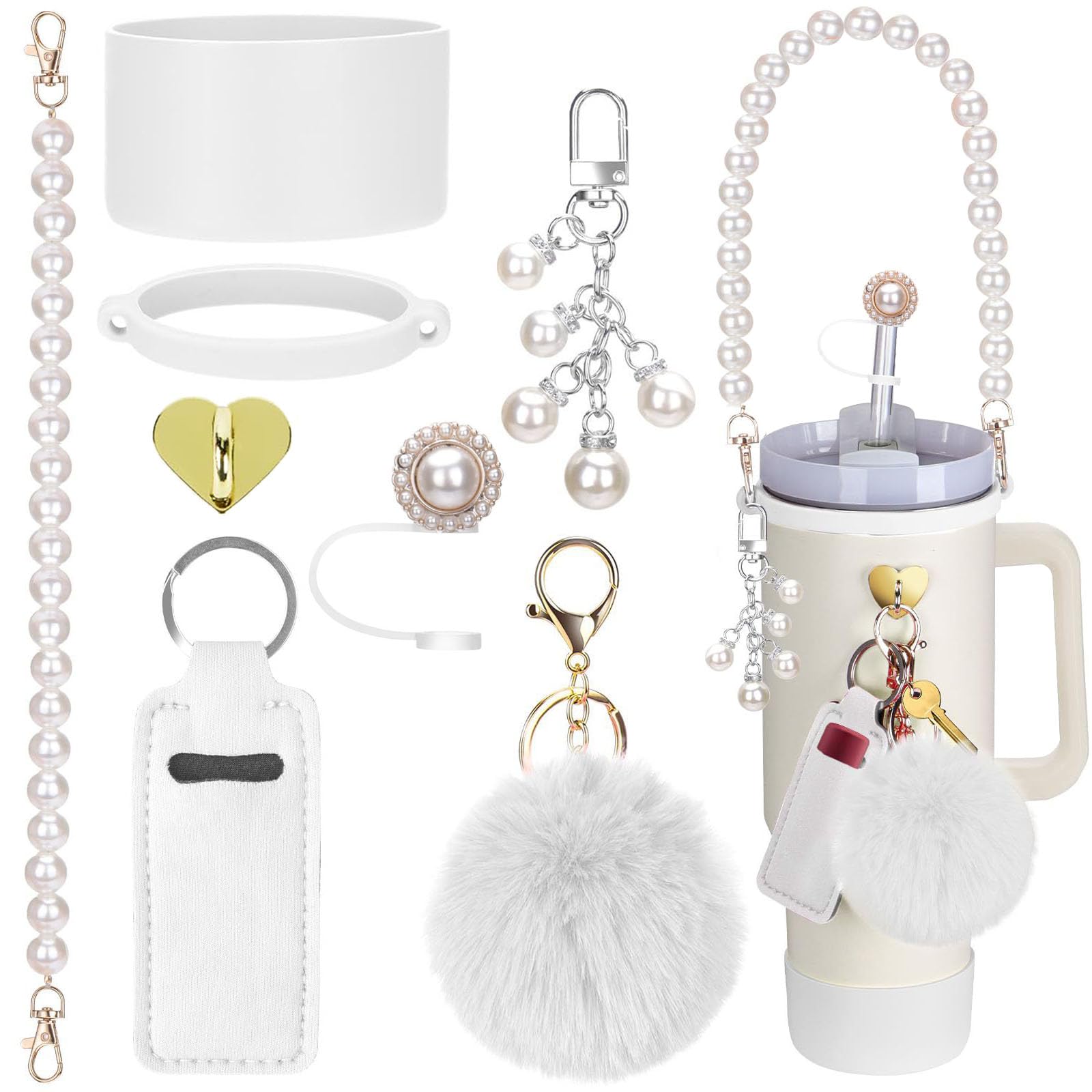 Accessories Set for Stanley Cup 40oz & 30oz Tumbler, Pearl Water Bottle Handle Strap, Silicone Boot, Straw Topper Cover Cap, Chapstick Holder, Charms, Gifts for Women 8 PCS (White)