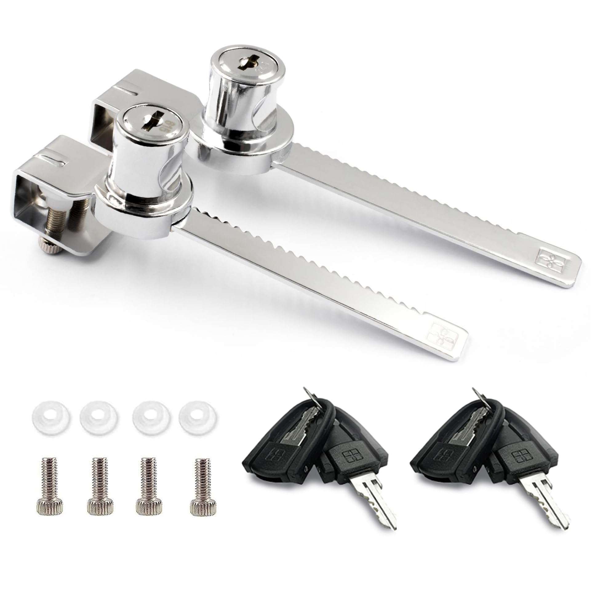 XIEHE 318 Sliding Window Locks, Closet Locks for Sliding Glass Doors with 2 Keys, Display Cabinet Showcase Lock with Chrome Finish, No Drill Burglar Bars for Sliding Doors (2 Pack, Keyed Different) 1