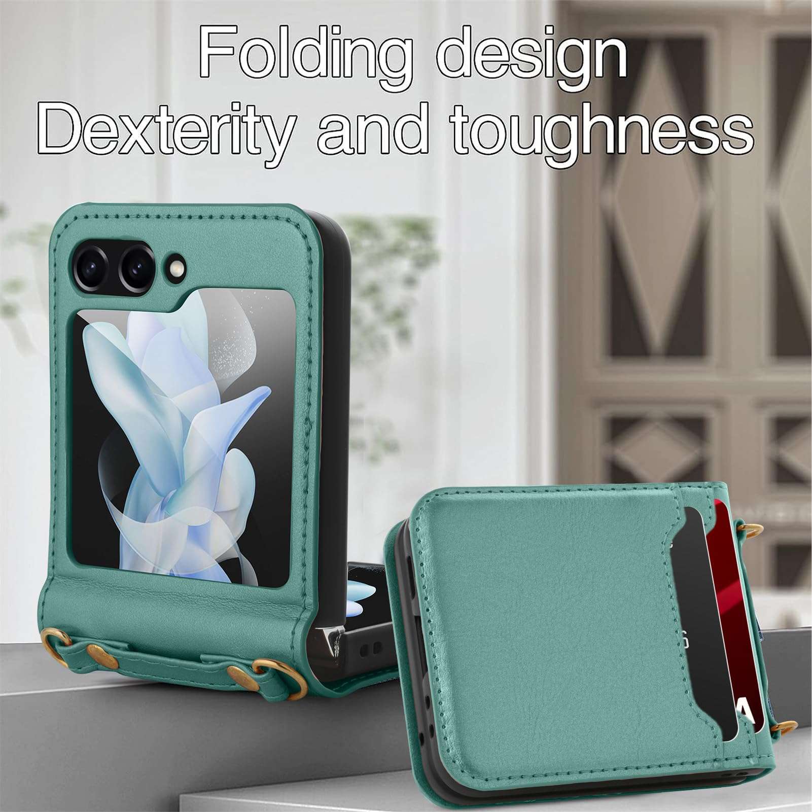 KANGHAR for Samsung Galaxy Z Flip 5 Case with Card Holder Lanyard Z Flip 5 Leather Wallet Case Adjustable Crossbody Strap Protective Phone Case for Galaxy Z Flip 5 - Green 5