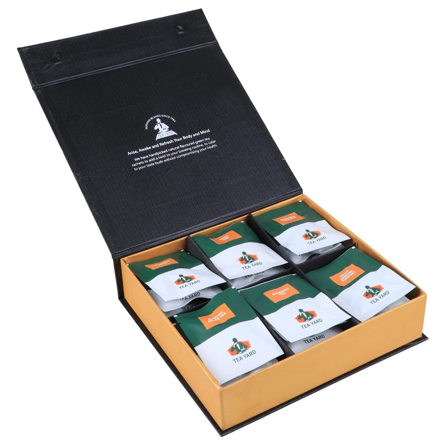 TEA YARD Green Tea Wellness Kit Tea Pack with 6 Assorted Flavour Teas 24 Bags Multiple Taste Low Caffeine Decaf Tisane Pack Ideal for Gifting