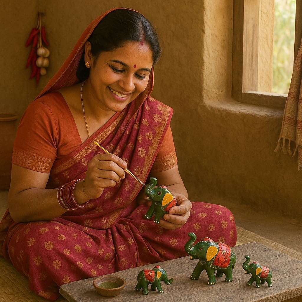 DreamKraft Paper Mache Elephant Showpiece, Standard, Green, 3 Piece, Home Decor, Cultural, Traditional, Festive 6