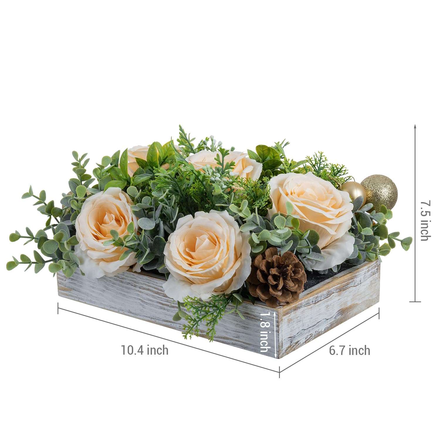 MyGift Artificial Champagne Rose Arrangement in Whitewashed Wood Box – 10.5" Faux Light Peach Flower Centerpiece with Greenery & Gold Accents for Wedding or Home Decor 6