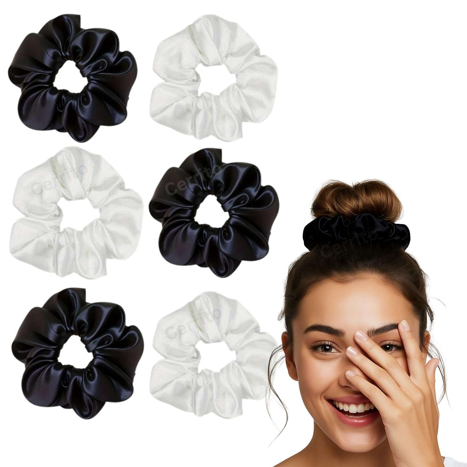 Cerrito Satin Hair Scrunchies for Women & Girls – Soft, No-Crease, Gentle Hair Ties for Thick, Curly, Straight, or Fine Hair – Smooth Silk-Feel Elastic Scrunchy Set for Styling, Sleep Regular Wear (Black & White-6 Pcs) 1