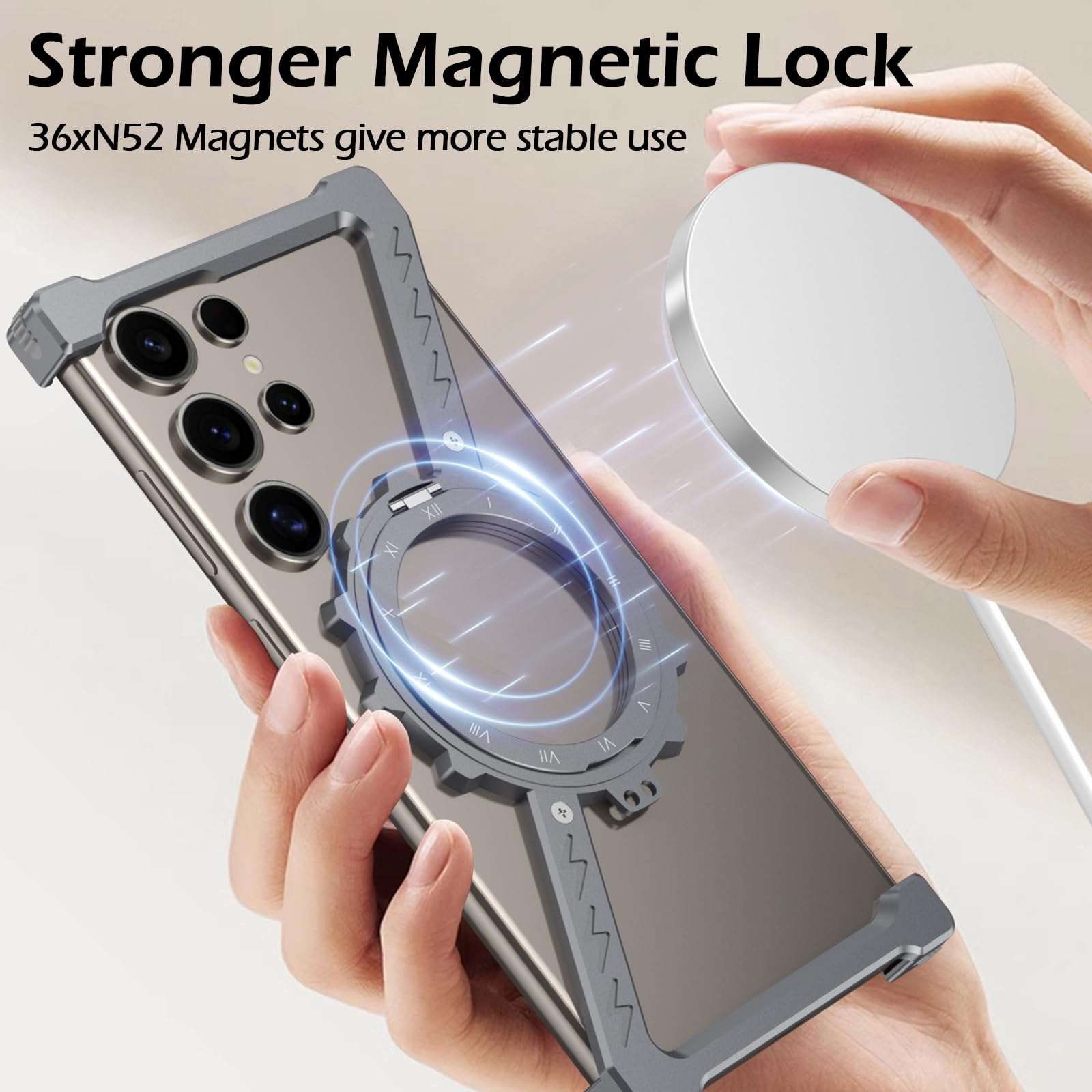 AdirMi Z-Shaped Metal Skeleton Case for Samsung Galaxy S23 Ultra, Ultra-Thin Shockproof Metal Frameless Built-in 360 Rotating Stand [Compatible with MagSafe],Desert 3