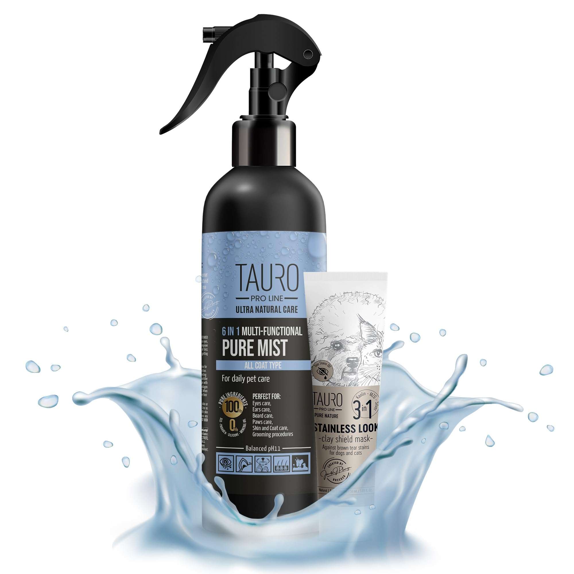 TAURO PROLINE Clear Eyes Solution Set 6in1 Multi-Functional Pure Mist and Stainless Look Clay Mask - Tear Stain Remover, Eye Cleaner - Eye Care Ear Care Grooming Treatment for All Dogs and Cats Eyes 1