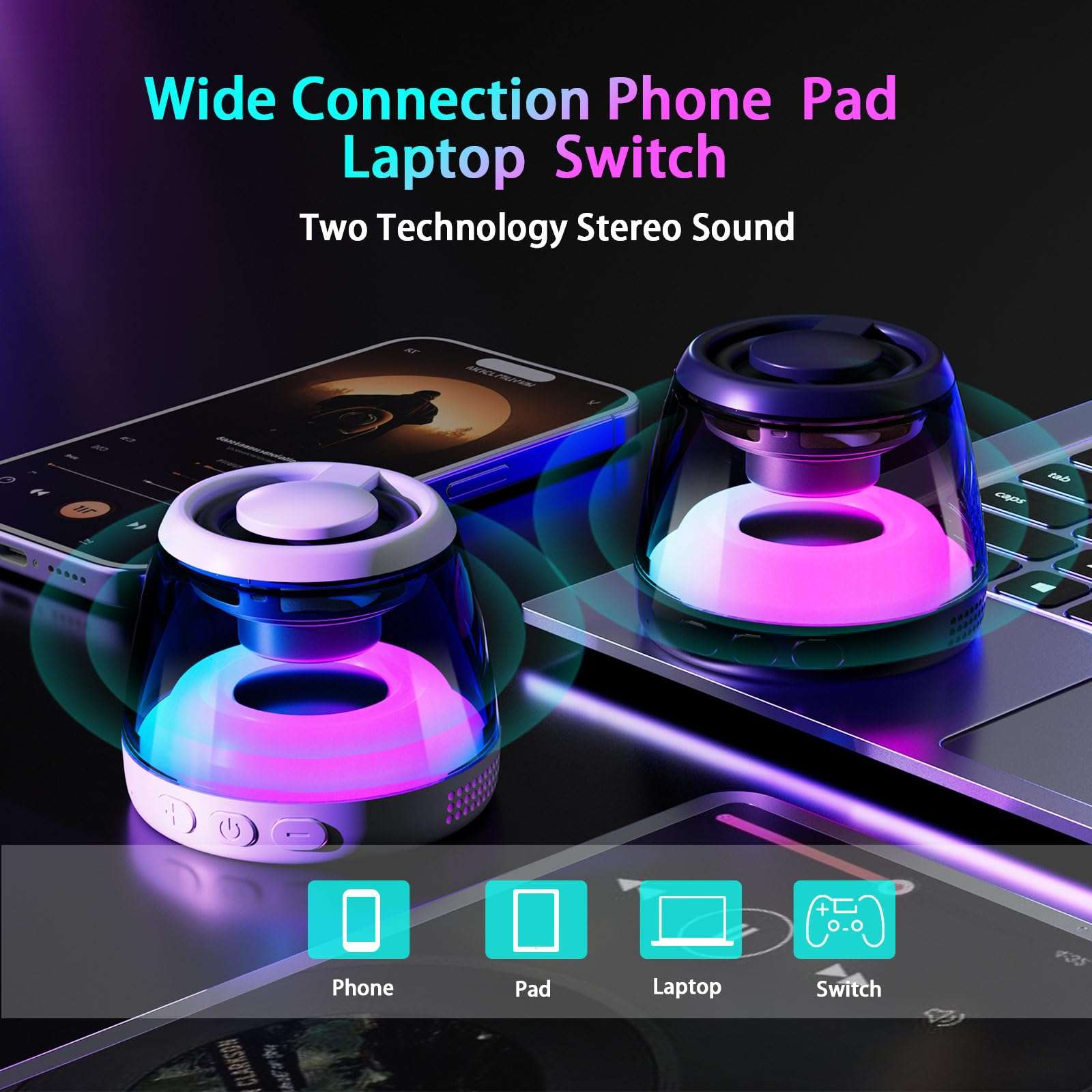 aipidmaga Two Magnetic Bluetooth Speaker,Wireless Induction Bluetooth Speaker,Mini Portable Cell Phone Stand for iPhone, Lanyard & RGB Night Light,or Home,Outdoors,Pool,Birthday Gift 5