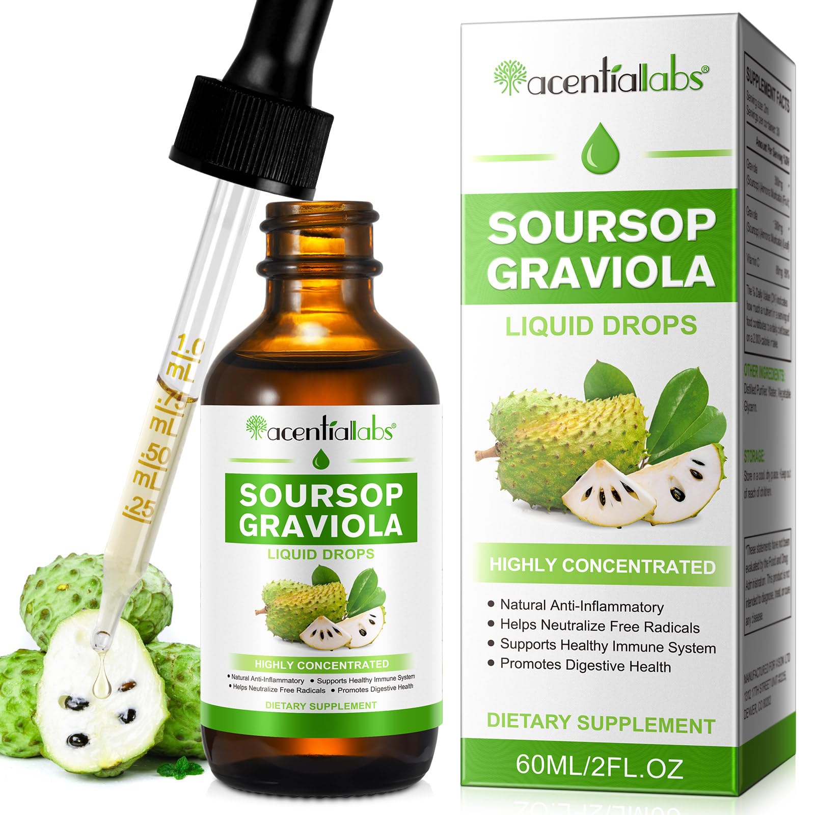 Soursop Graviola Liquid Drop for Cell Support & Regeneration, Immune Boost and Sleep, Organic Soursop Extract-Sugar Free, Non-GMO, Vegan, Gluten-Free-2 Fl Oz/60 ML