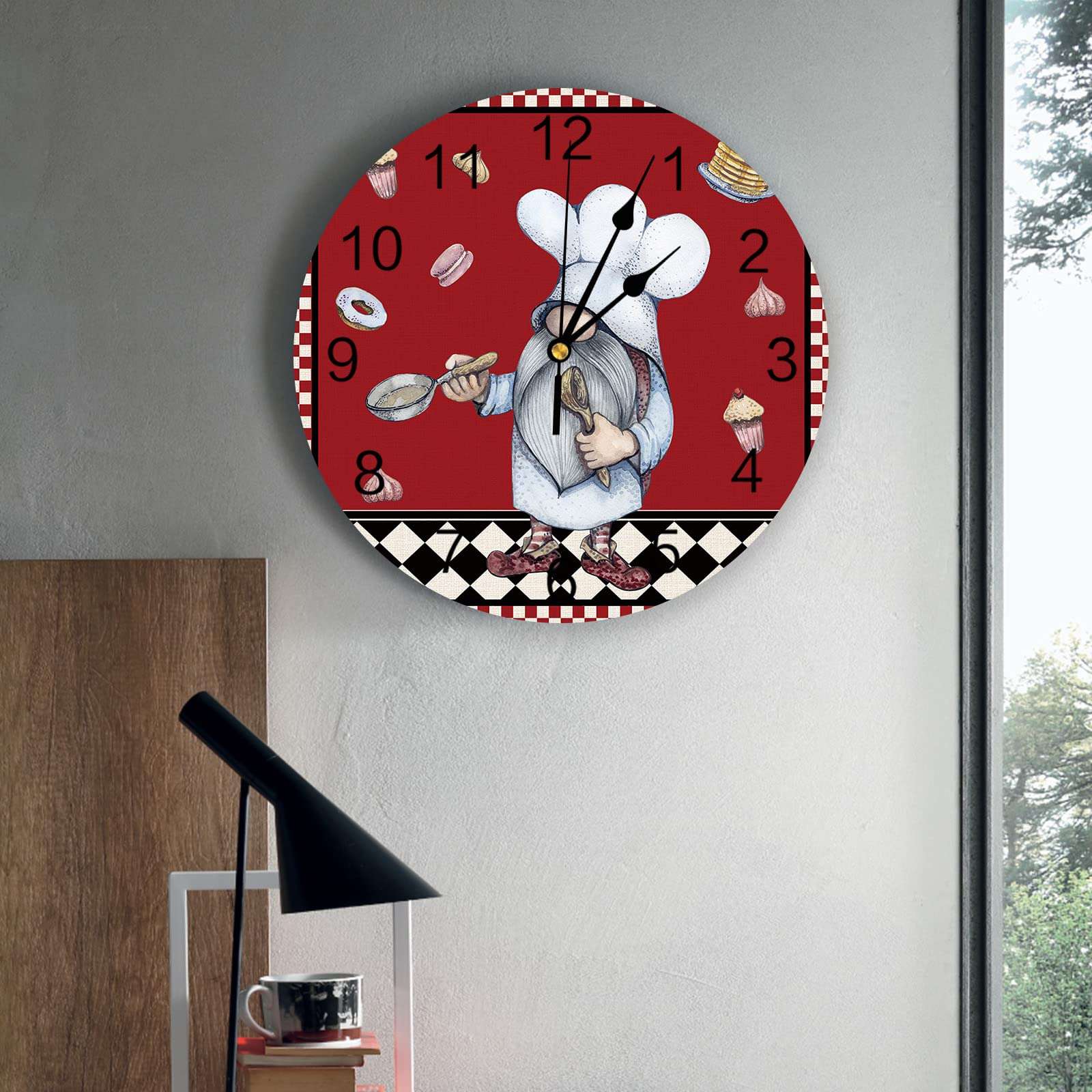 CosyBright Silent PVC Wall Clock 10 Inch Round Wall Clock Gnomes Chef Cookie Red Hanging Clock for Kitchen Non Ticking Battery Operated Living Room Mute Clock 4