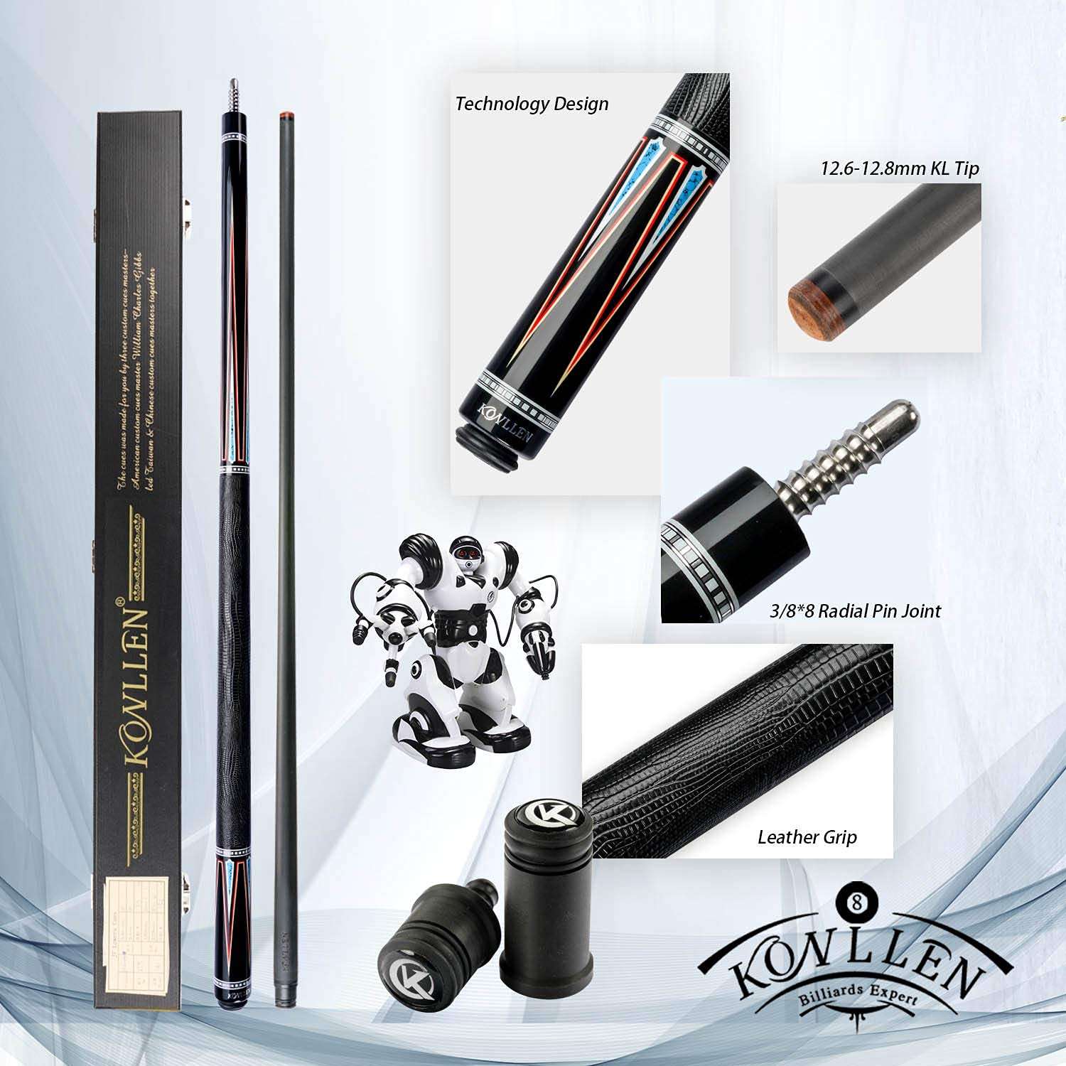 KONLLEN Carbon Fiber Pool Cue Stick Technology Low Deflection Billiard Cue with Towel(12.6-12.8mm Carbon Fiber Shaft, 4 Pieces of Carbon Tubes Inside Butt, Leather Handle, 3/88 Radial Pin Joint)… 3