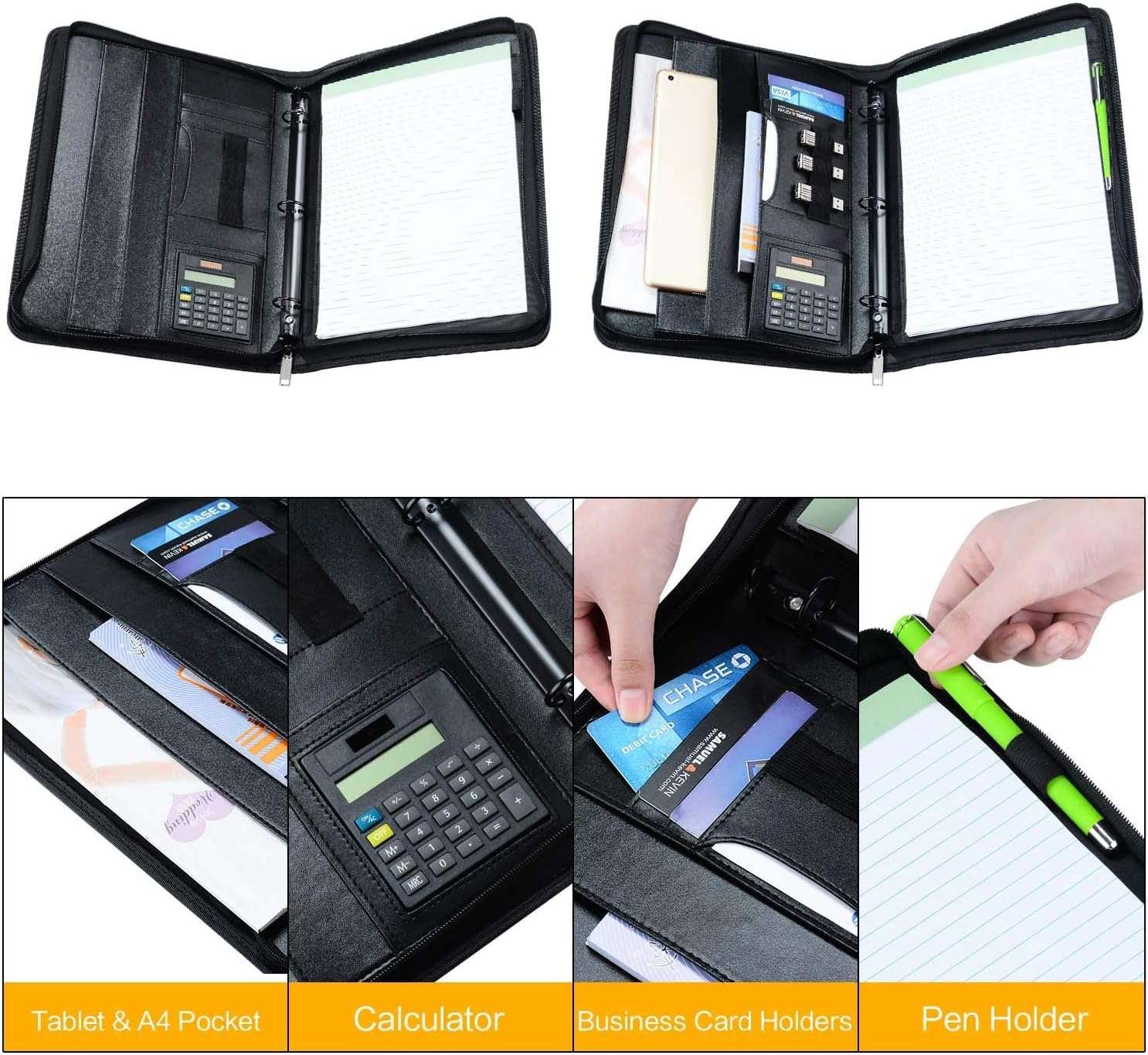 KUSCOR Padfolio Portfolio with 10.1 inch Tablet Sleeve, Professional Interview and 3 Ring Business PU Leather Folder, Zippered Closure, Writing Pad, Calculator, Card Holder, Black 6