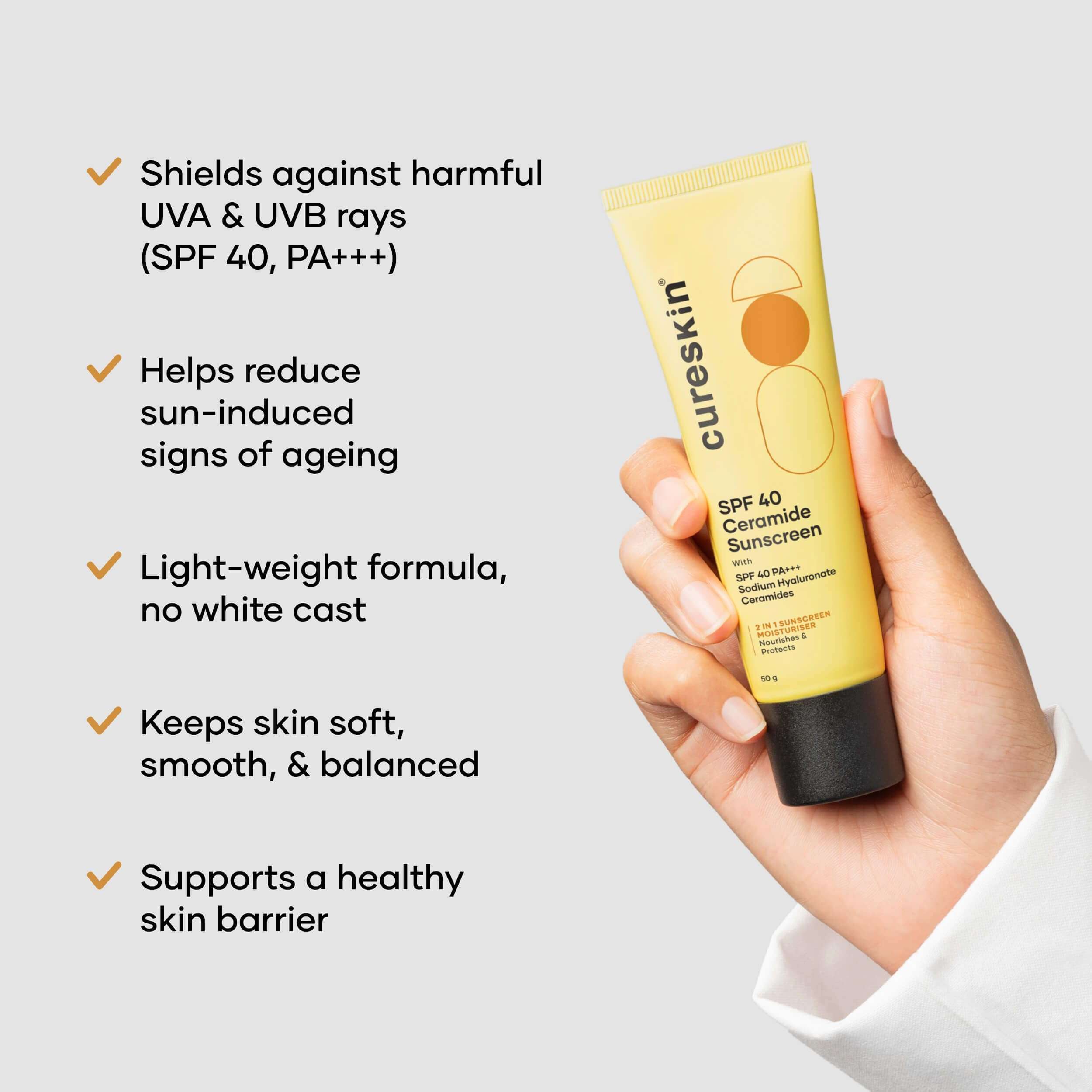 Cureskin SPF 40 Ceramide Sunscreen with Hyaluronic Acid & Ceramides | 2-in-1 Sunscreen Moisturizer, Broad Spectrum, SPF 40 & PA+++, 50 g (Pack of 1) 4